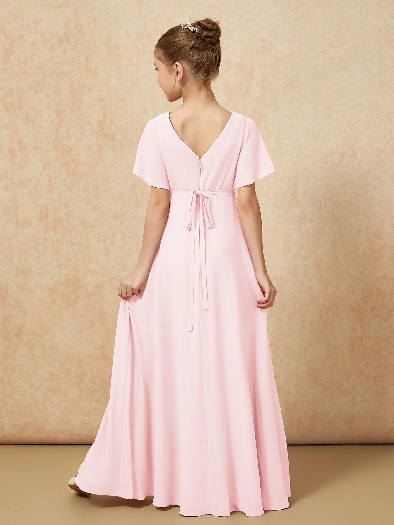 FlatterÀrmel A-Linie Chiffon Junge Brautjungfernkleider Zartrosa - Image 2