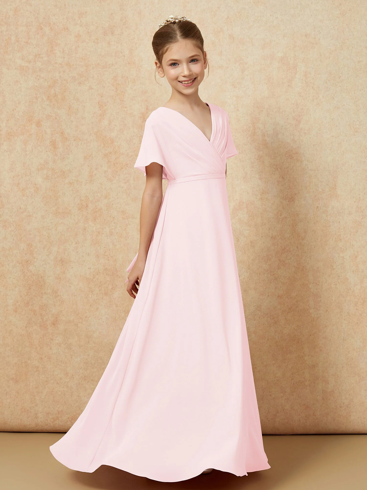 FlatterÀrmel A-Linie Chiffon Junge Brautjungfernkleider Zartrosa - Image 3