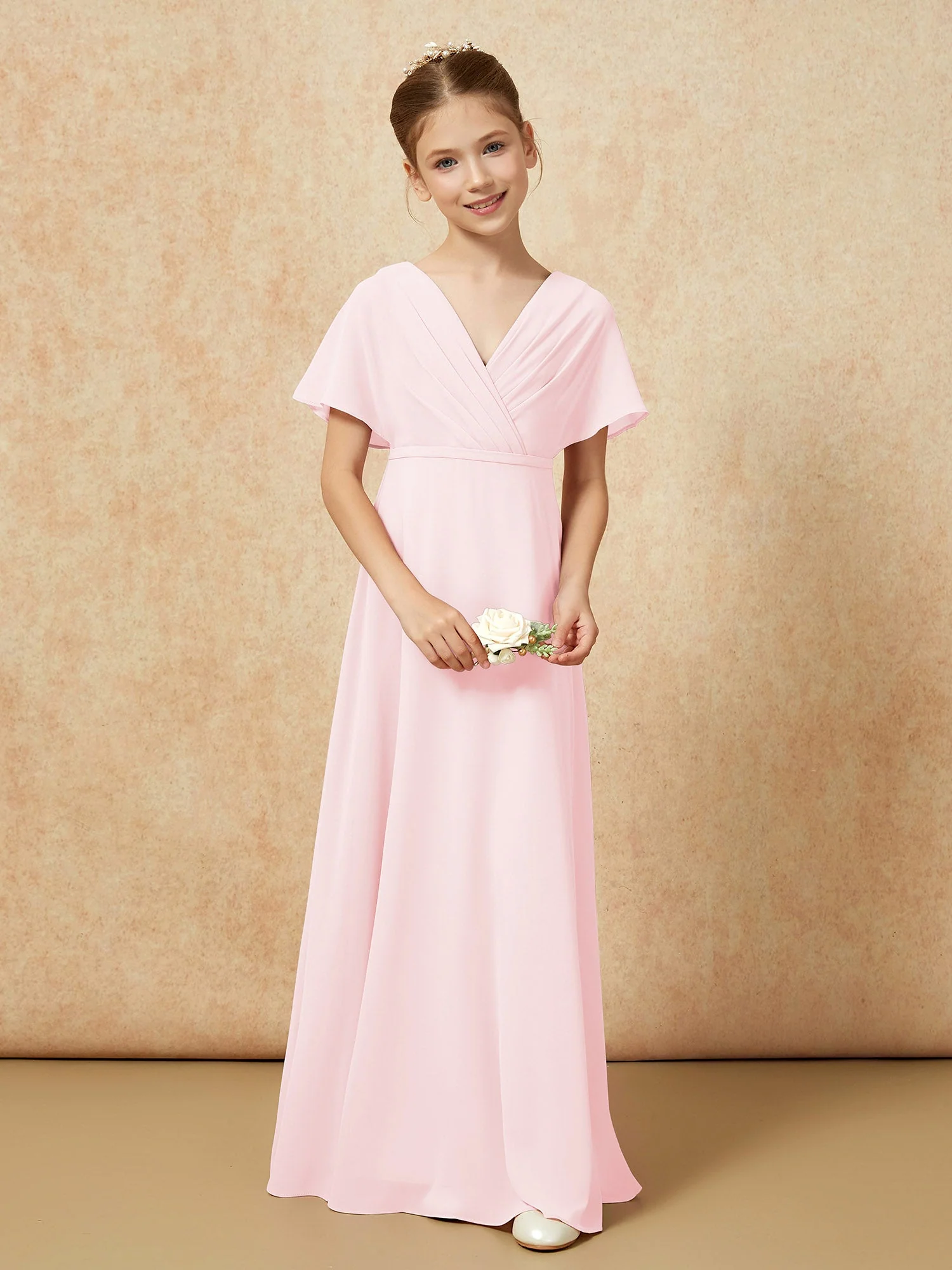 FlatterÀrmel A-Linie Chiffon Junge Brautjungfernkleider Zartrosa - Image 4