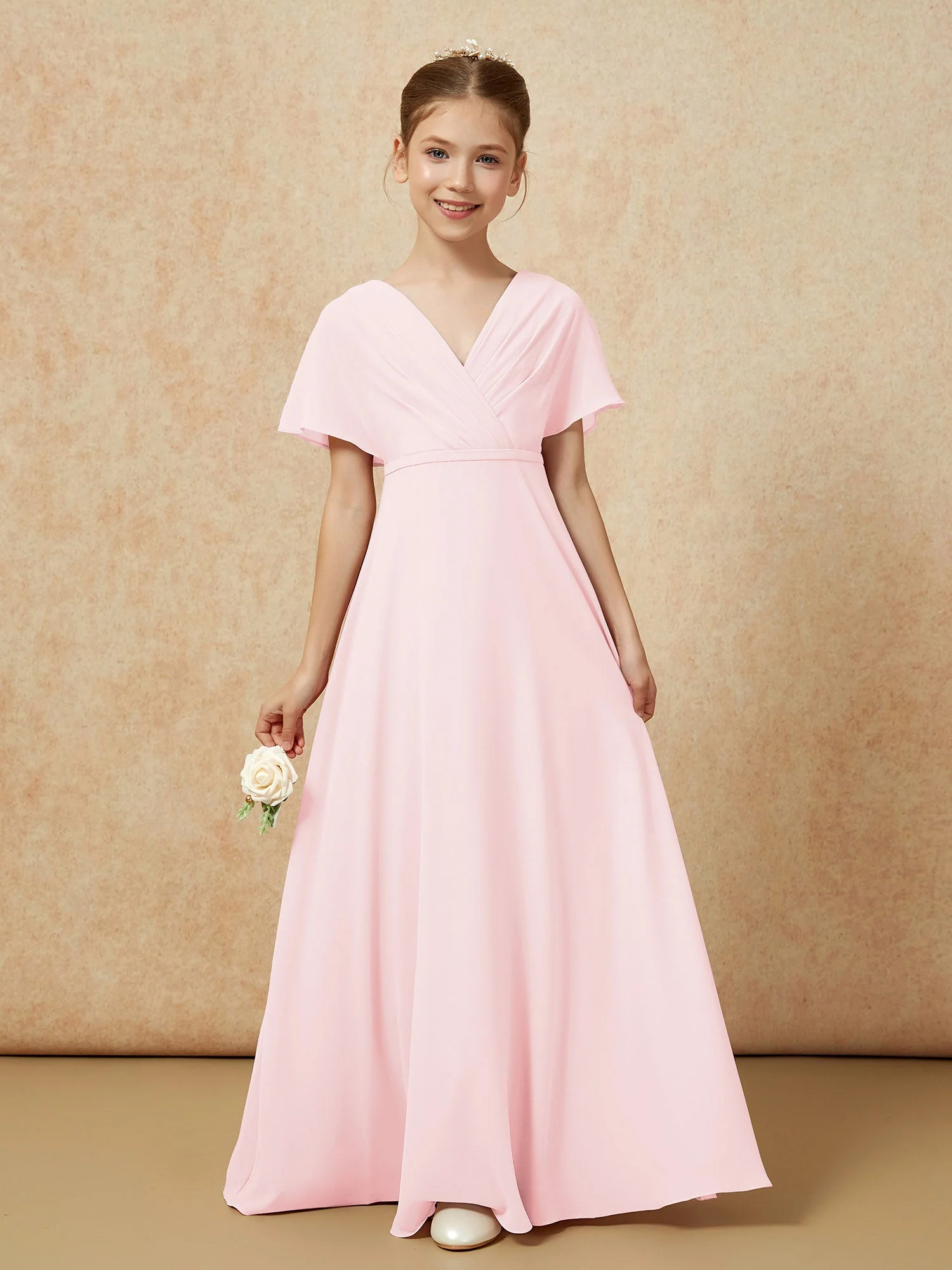 FlatterÀrmel A-Linie Chiffon Junge Brautjungfernkleider Zartrosa - Image 5