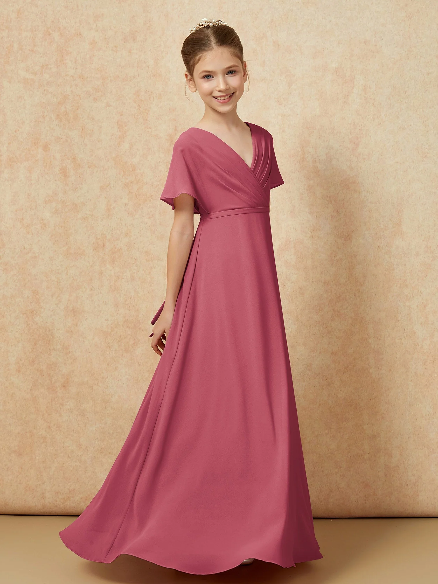 Flatterärmel A-Linie Chiffon Junge Brautjungfernkleider Zimtrose - Image 3