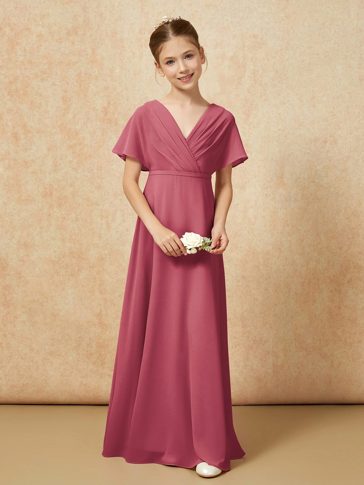 Flatterärmel A-Linie Chiffon Junge Brautjungfernkleider Zimtrose - Image 4