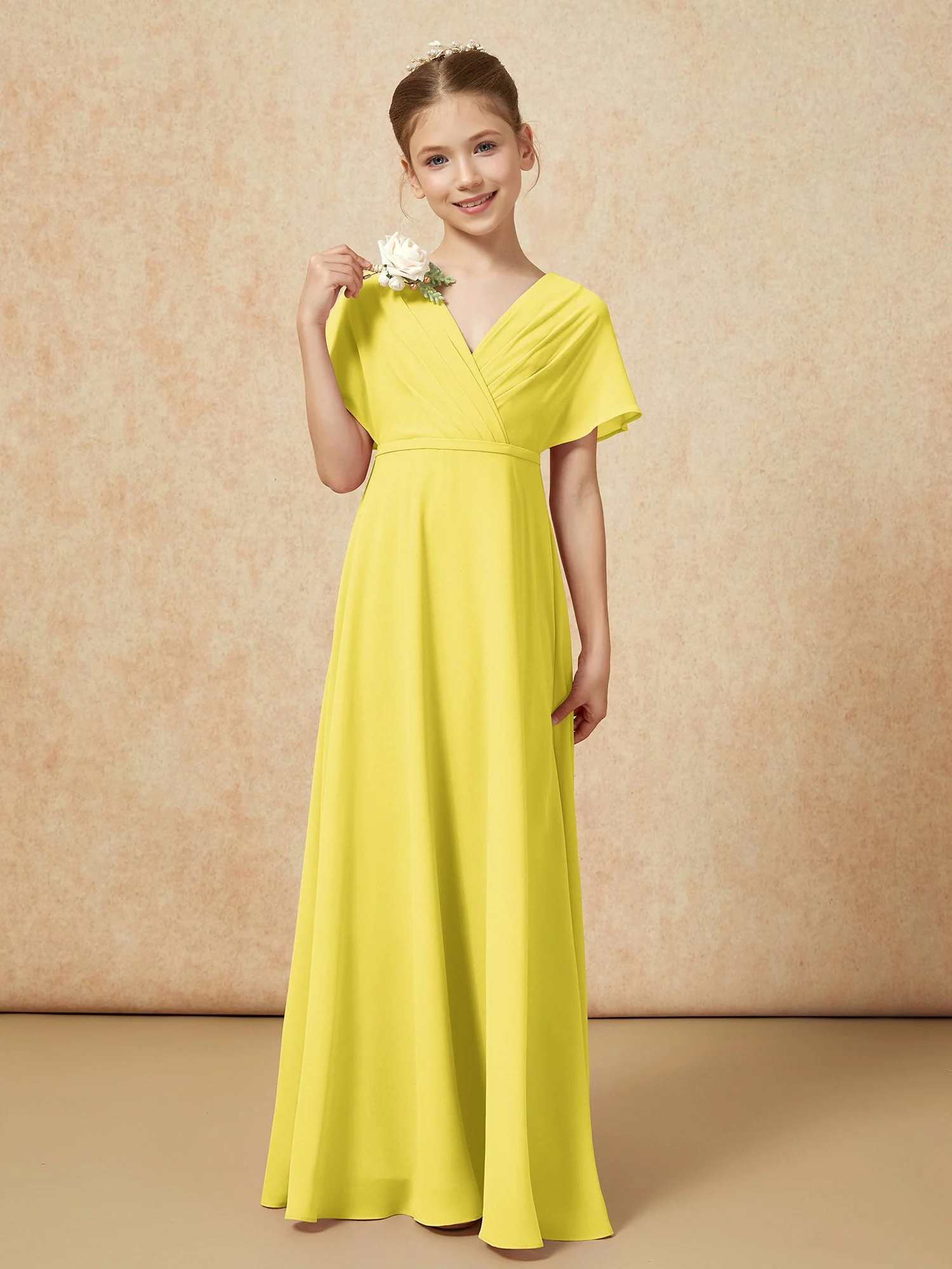 Flatterärmel A-Linie Chiffon Junge Brautjungfernkleider Zitrone