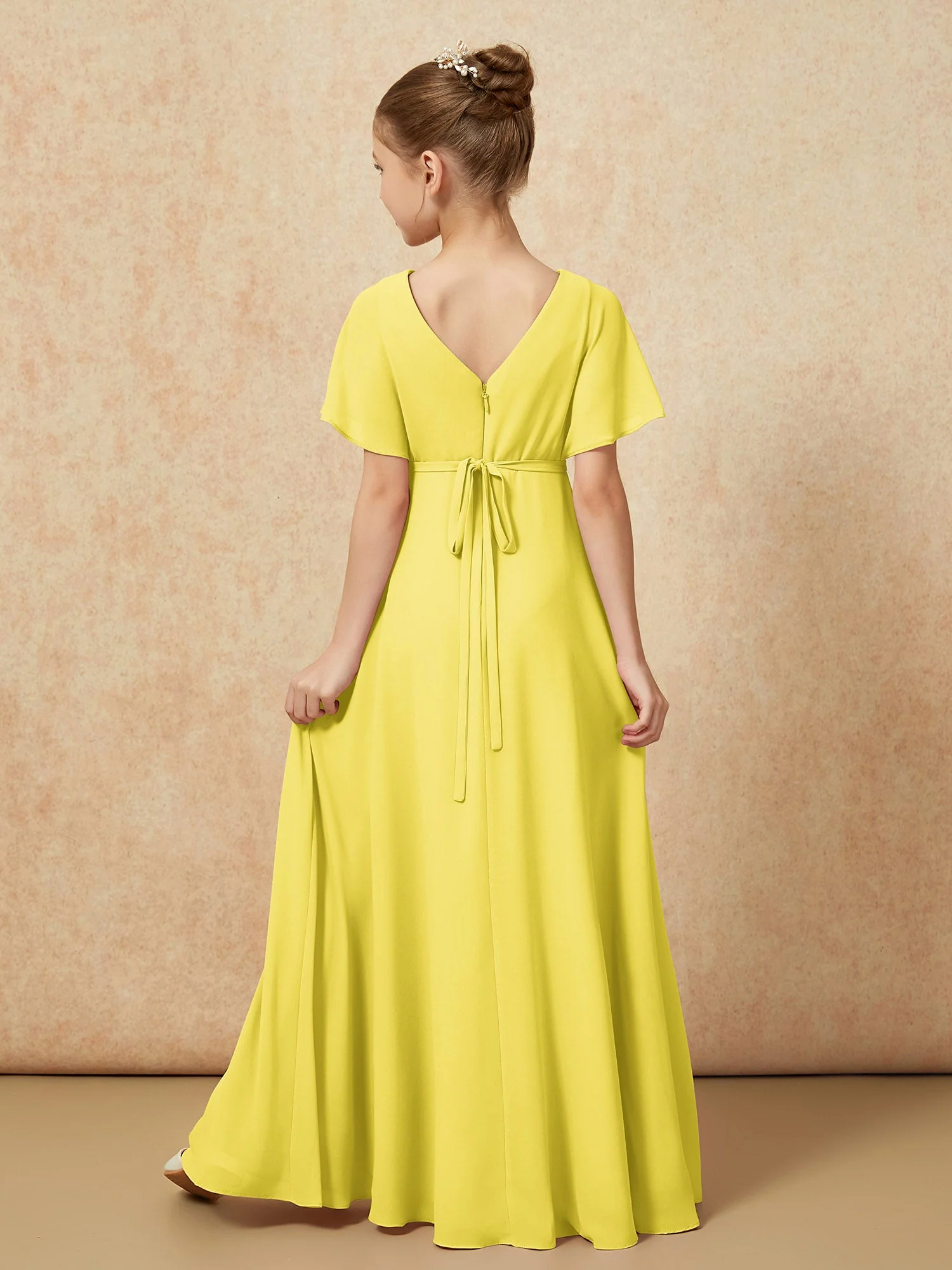 Flatterärmel A-Linie Chiffon Junge Brautjungfernkleider Zitrone - Image 2