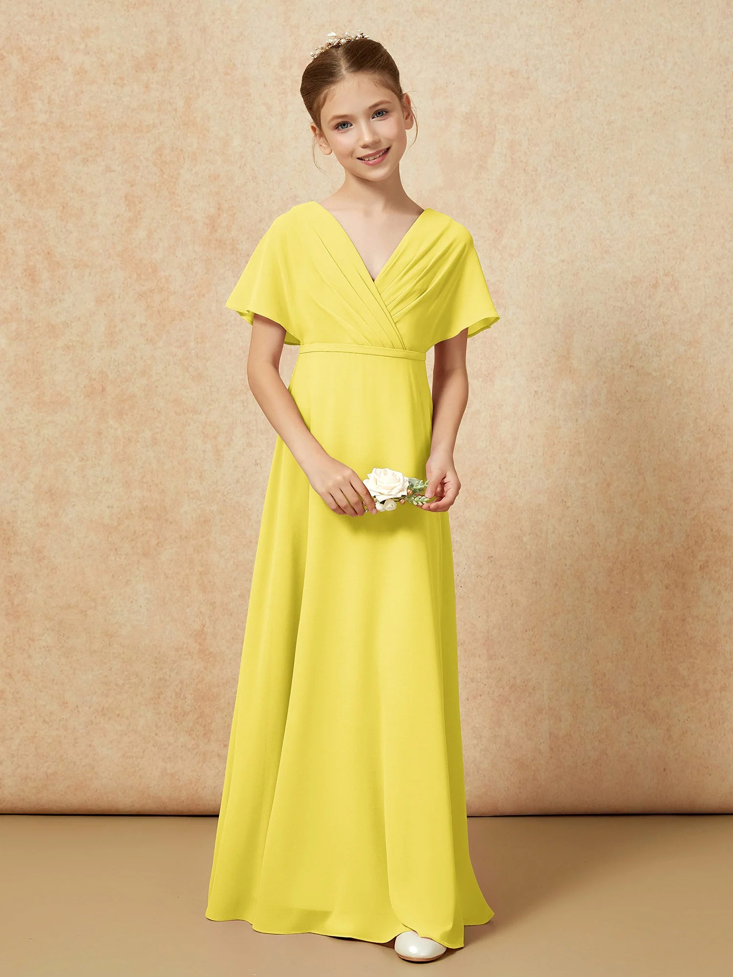 Flatterärmel A-Linie Chiffon Junge Brautjungfernkleider Zitrone - Image 4