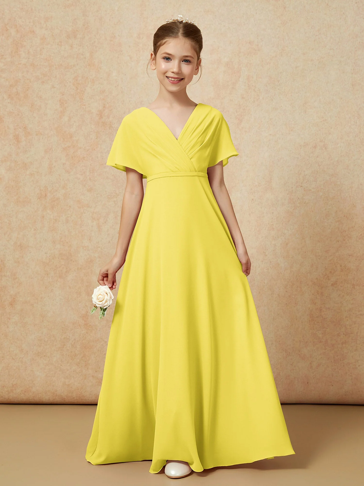 Flatterärmel A-Linie Chiffon Junge Brautjungfernkleider Zitrone - Image 5
