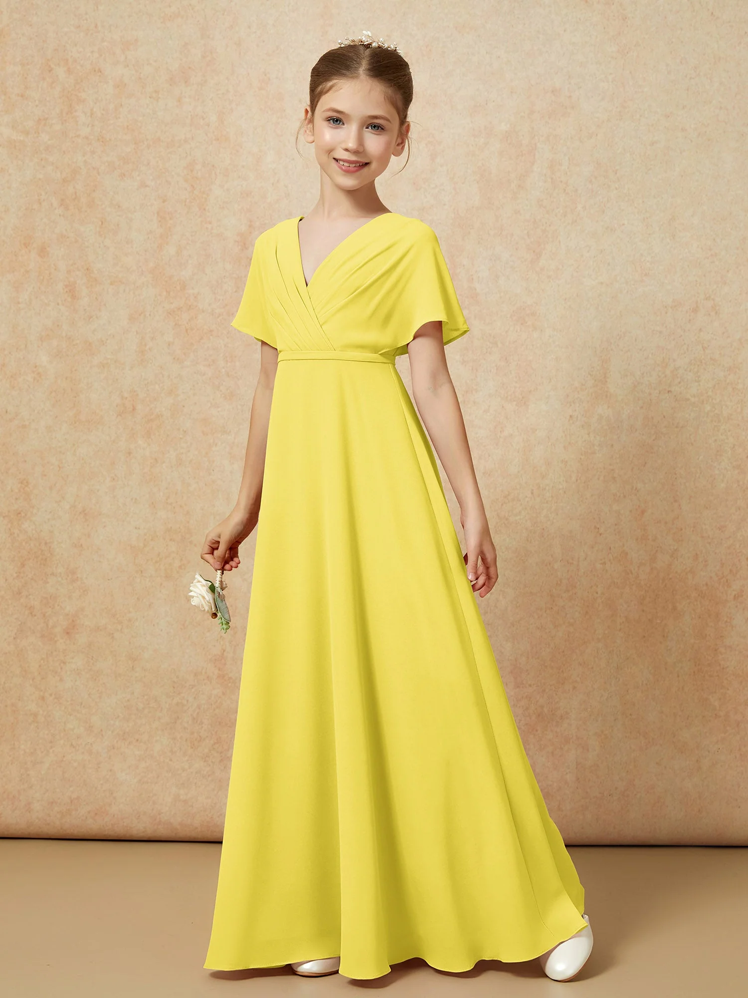 Flatterärmel A-Linie Chiffon Junge Brautjungfernkleider Zitrone - Image 6