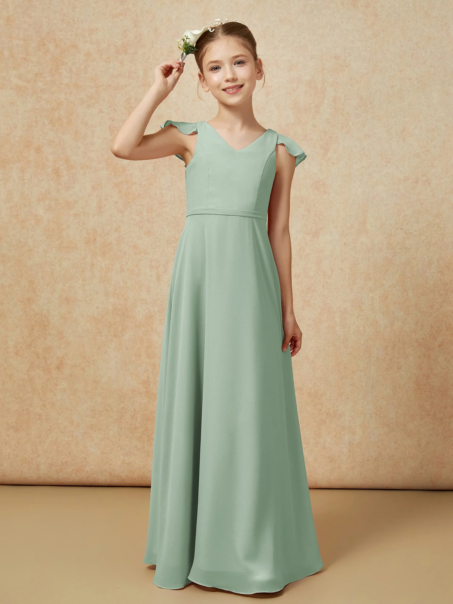 Flatterärmel Chiffon A-Linie Junge Brautjungfernkleider Agavengrün - Image 6