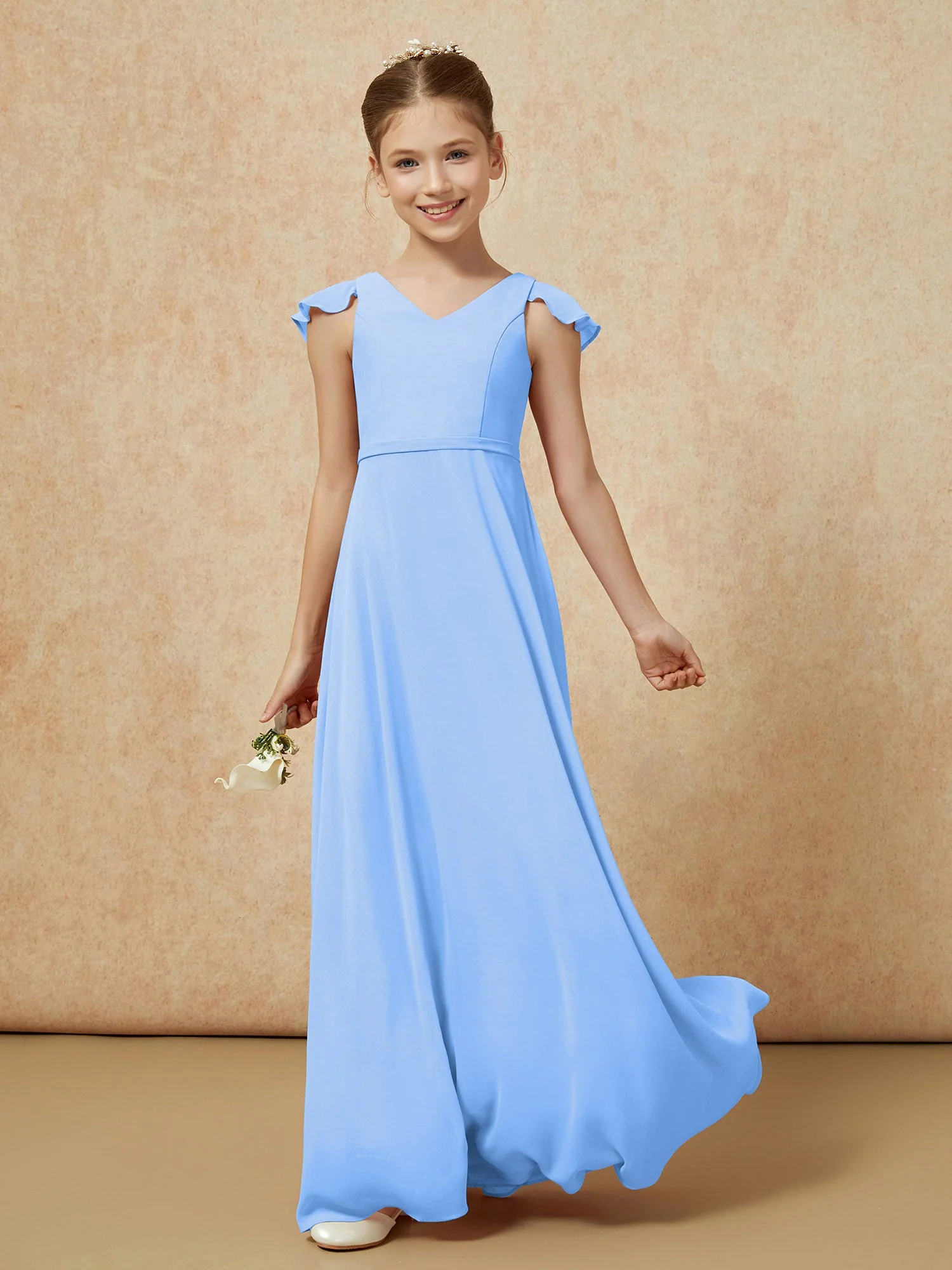 Flatterärmel Chiffon A-Linie Junge Brautjungfernkleider Blau - Image 3