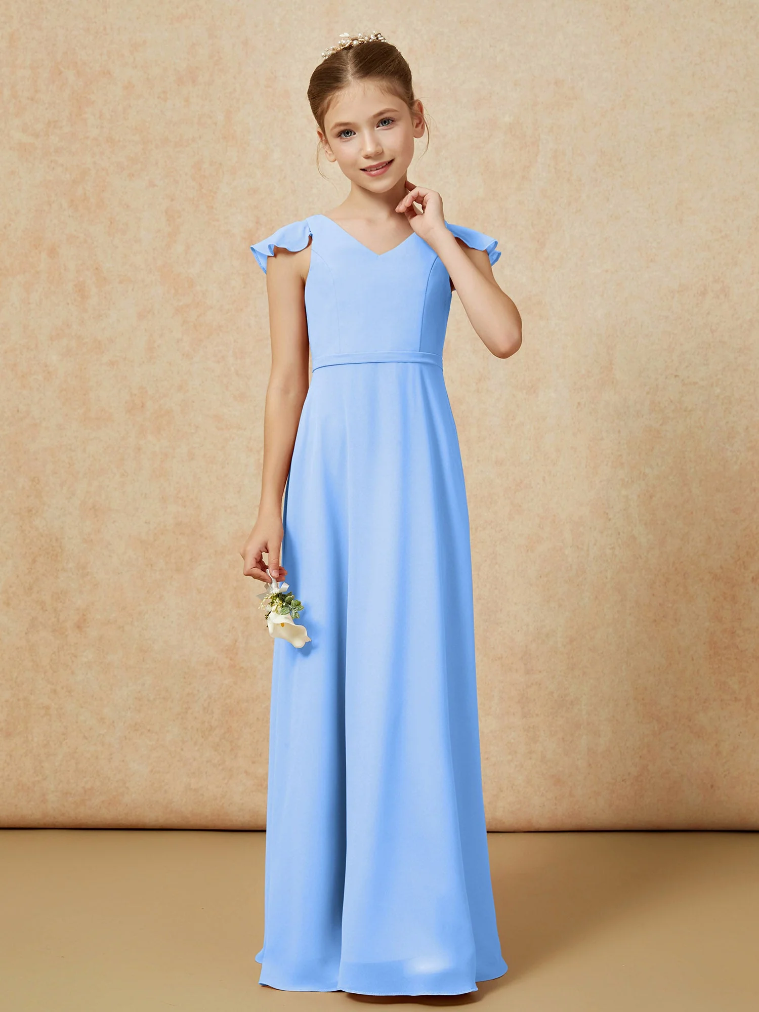 Flatterärmel Chiffon A-Linie Junge Brautjungfernkleider Blau - Image 4