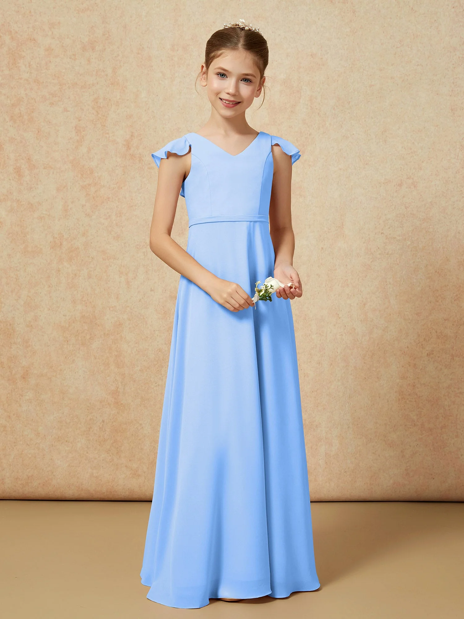 Flatterärmel Chiffon A-Linie Junge Brautjungfernkleider Blau - Image 5