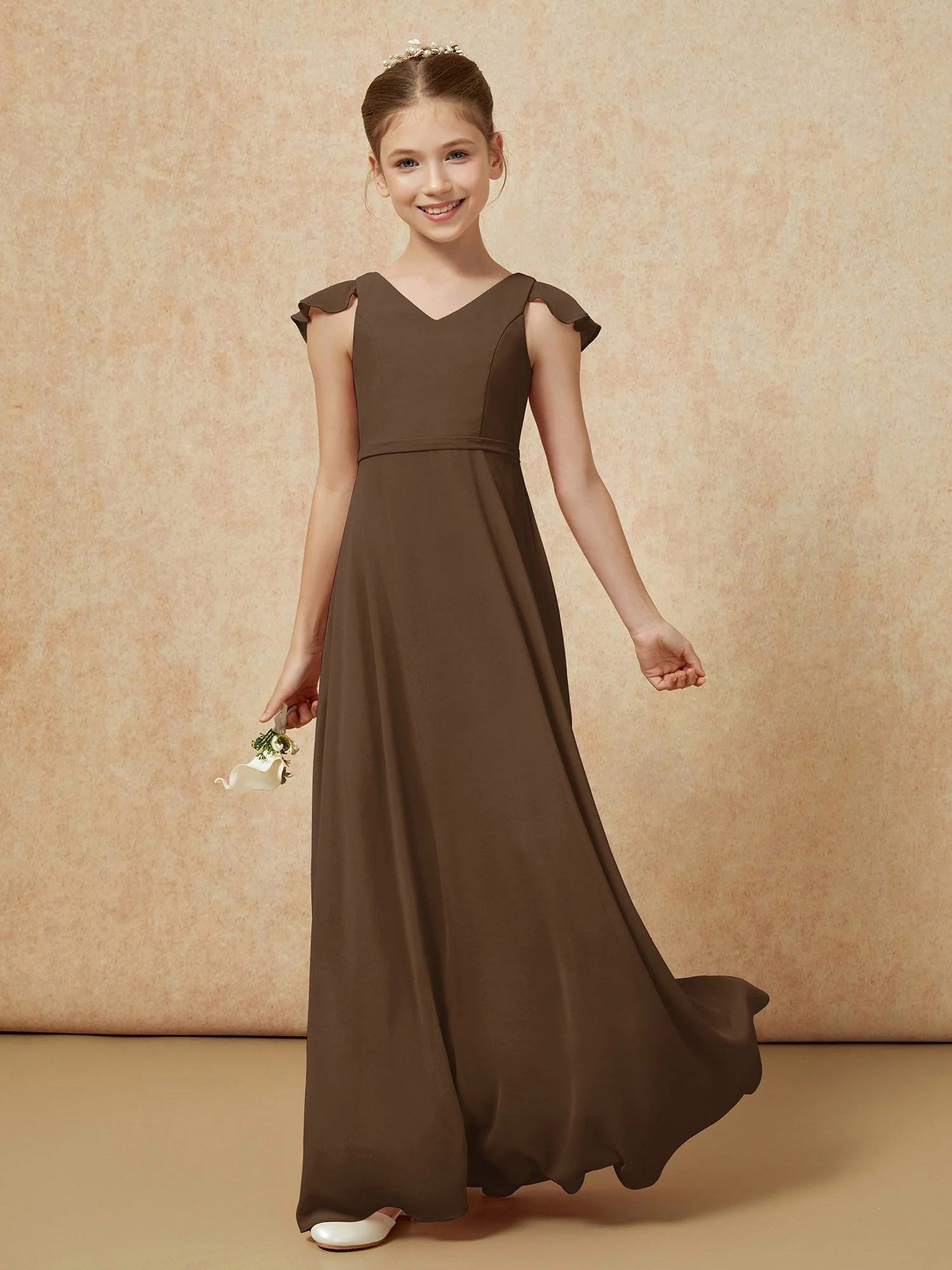 Flatterärmel Chiffon A-Linie Junge Brautjungfernkleider Braun - Image 3