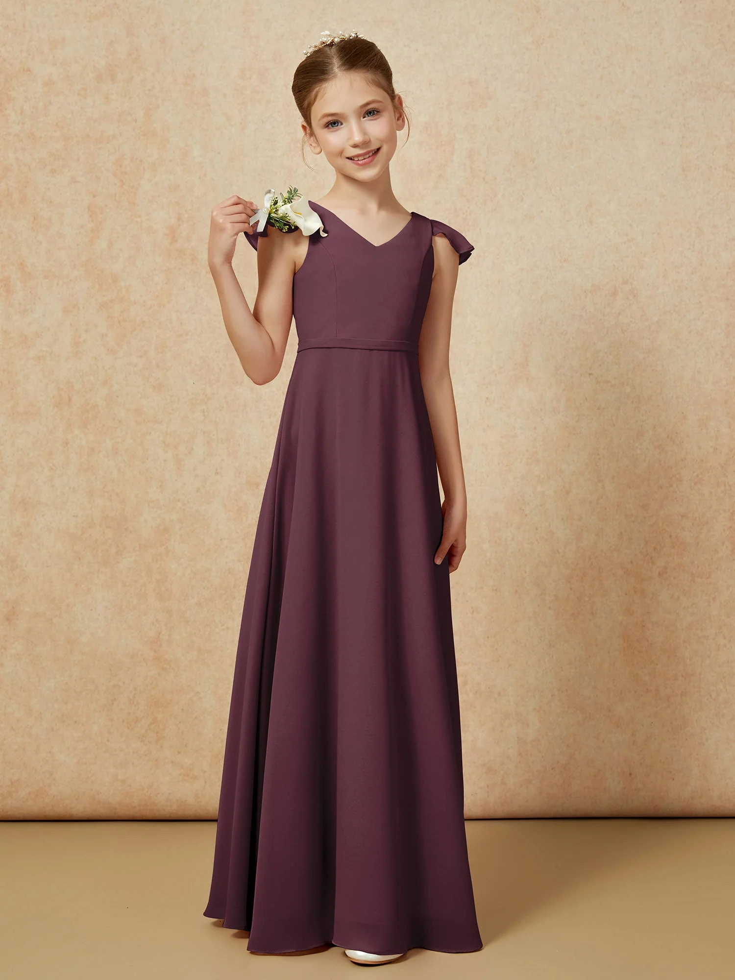 Flatterärmel Chiffon A-Linie Junge Brautjungfernkleider Cabernet