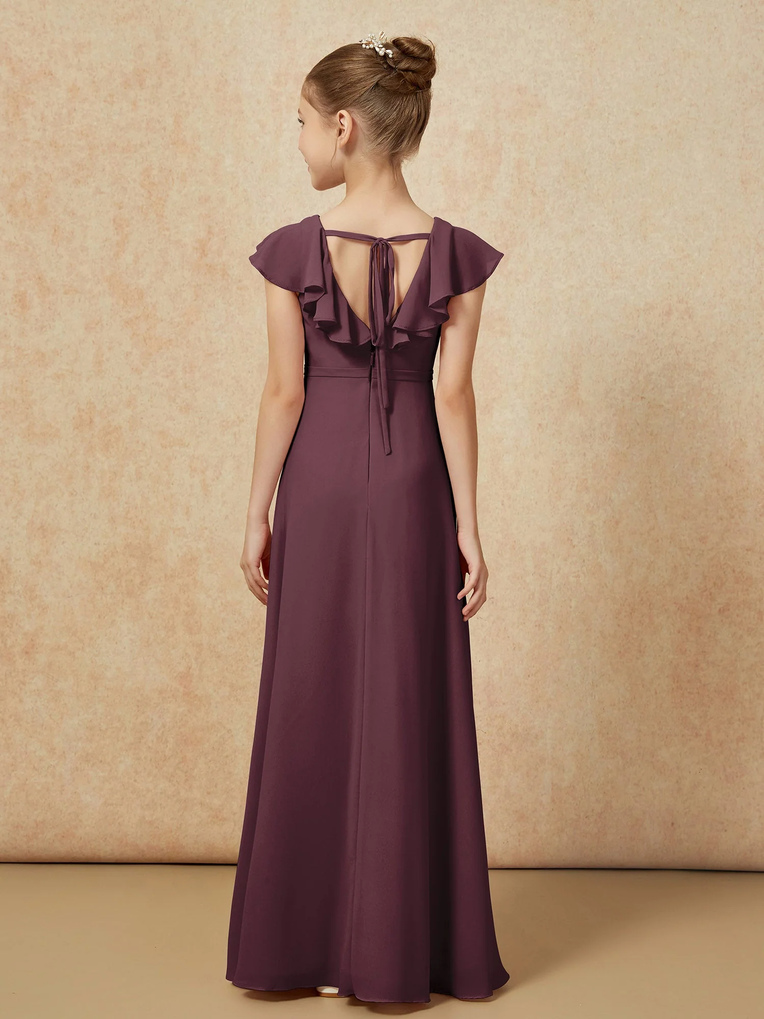 Flatterärmel Chiffon A-Linie Junge Brautjungfernkleider Cabernet - Image 2