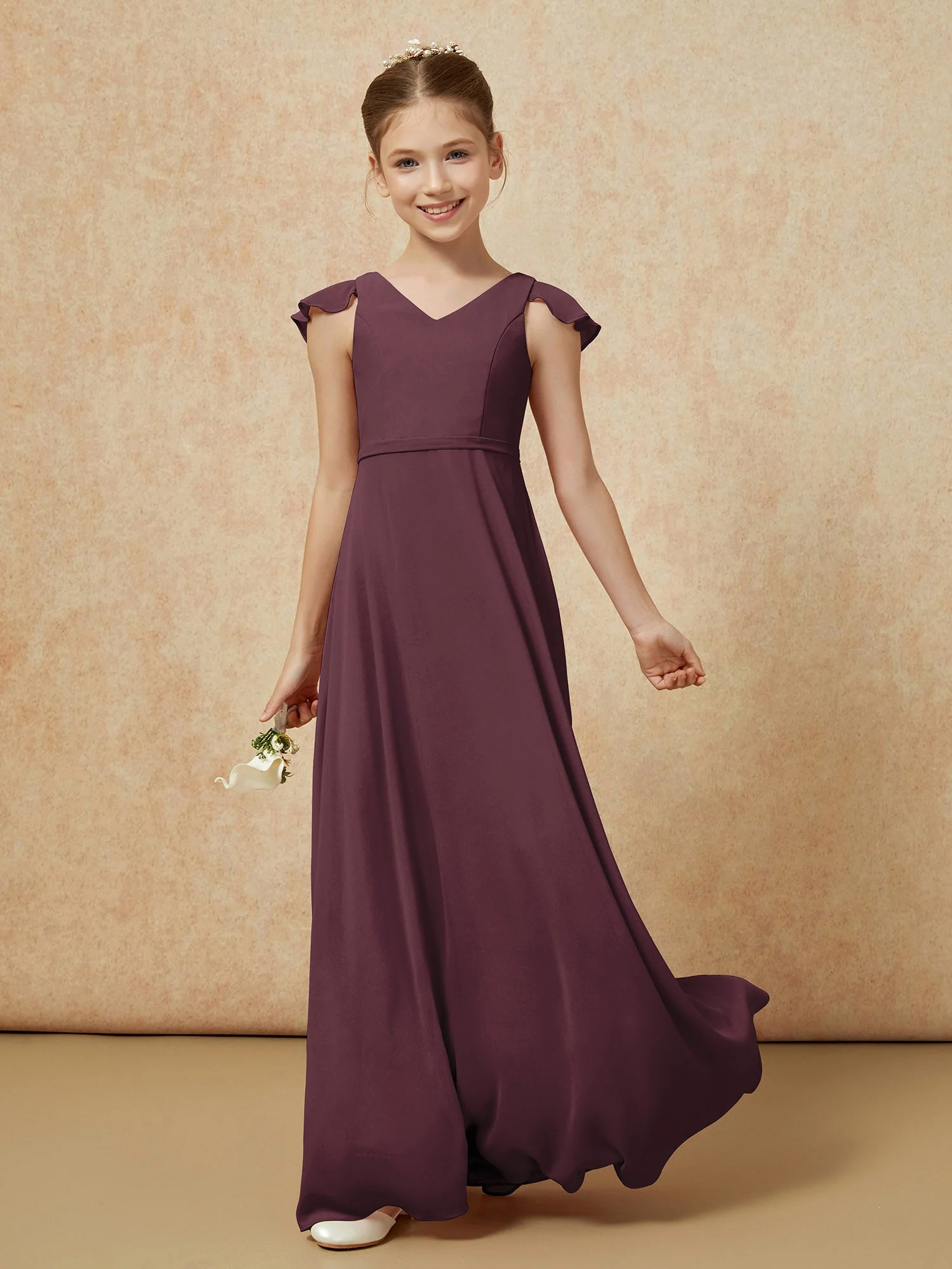Flatterärmel Chiffon A-Linie Junge Brautjungfernkleider Cabernet - Image 3