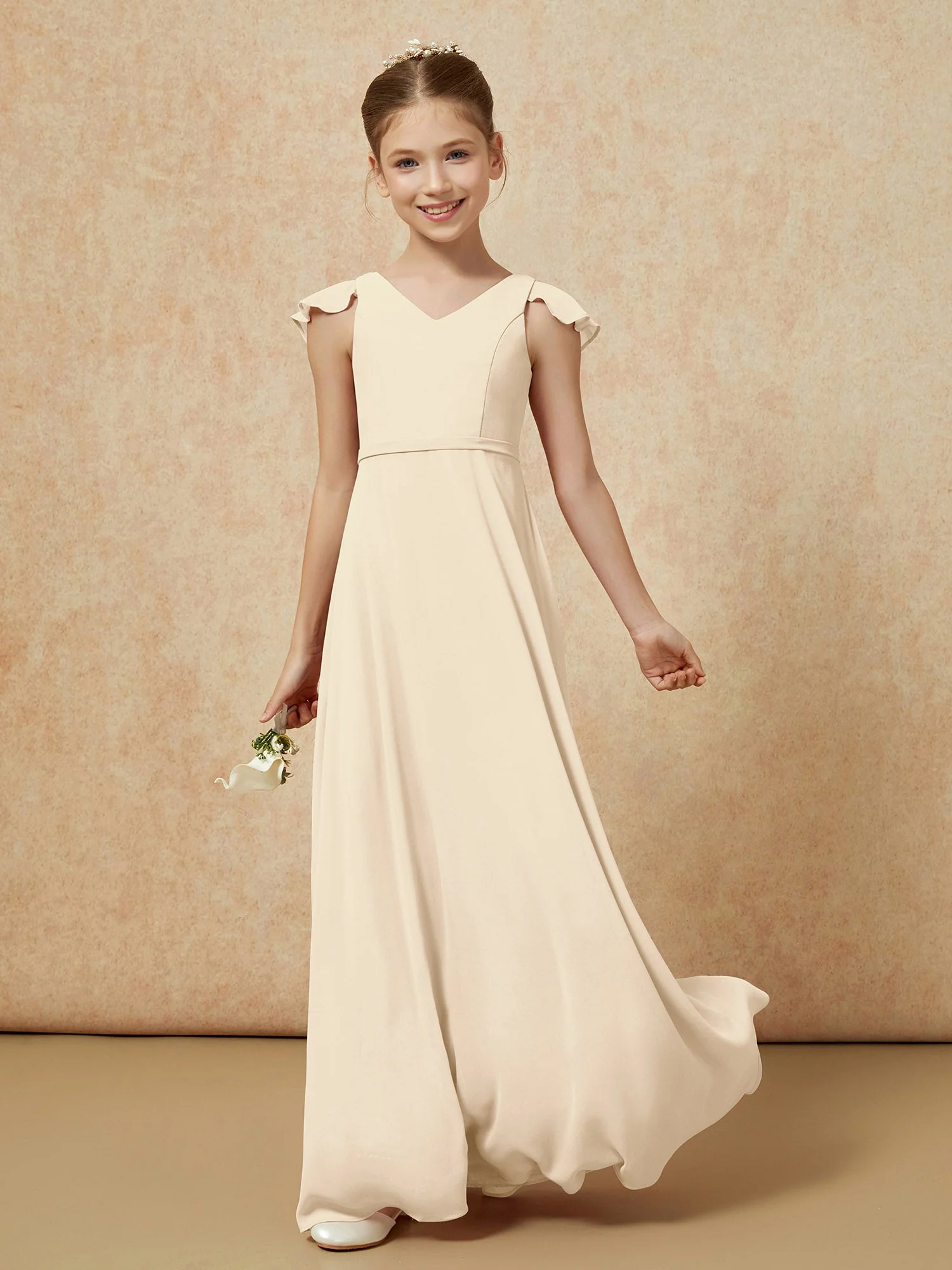 Flatterärmel Chiffon A-Linie Junge Brautjungfernkleider Champagner - Image 3