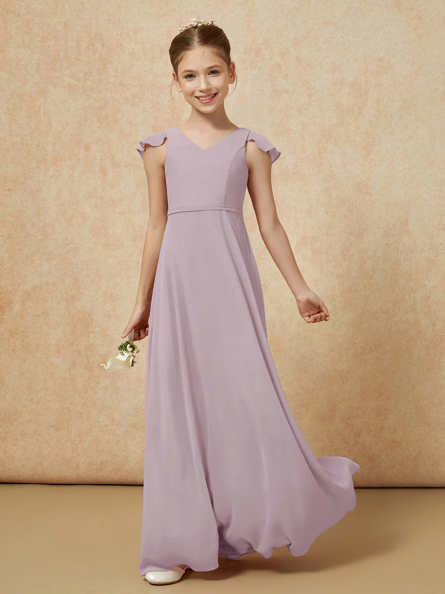 Flatterärmel Chiffon A-Linie Junge Brautjungfernkleider Dämmerung - Image 3