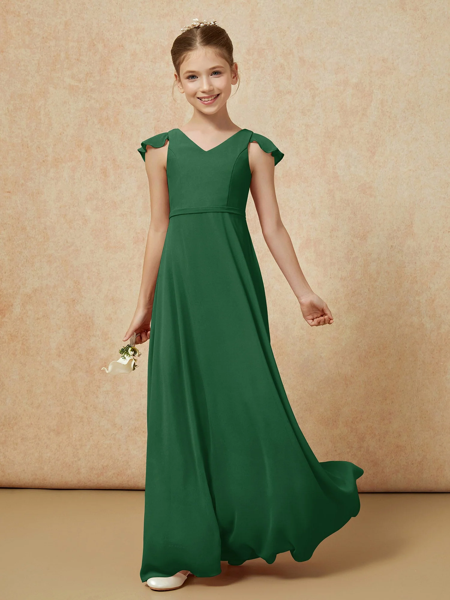 Flatterärmel Chiffon A-Linie Junge Brautjungfernkleider Dunkelgrün - Image 3