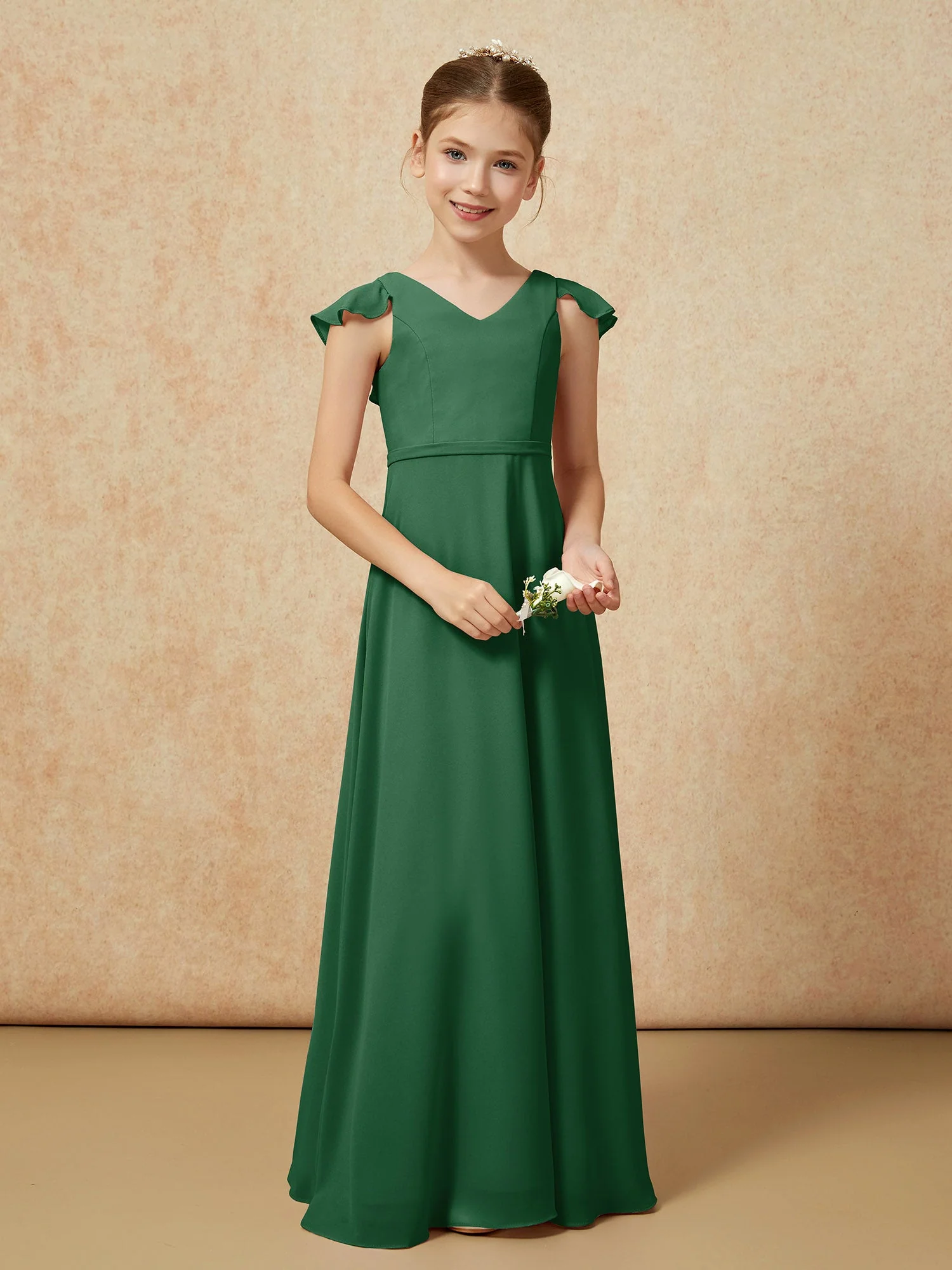 Flatterärmel Chiffon A-Linie Junge Brautjungfernkleider Dunkelgrün - Image 5