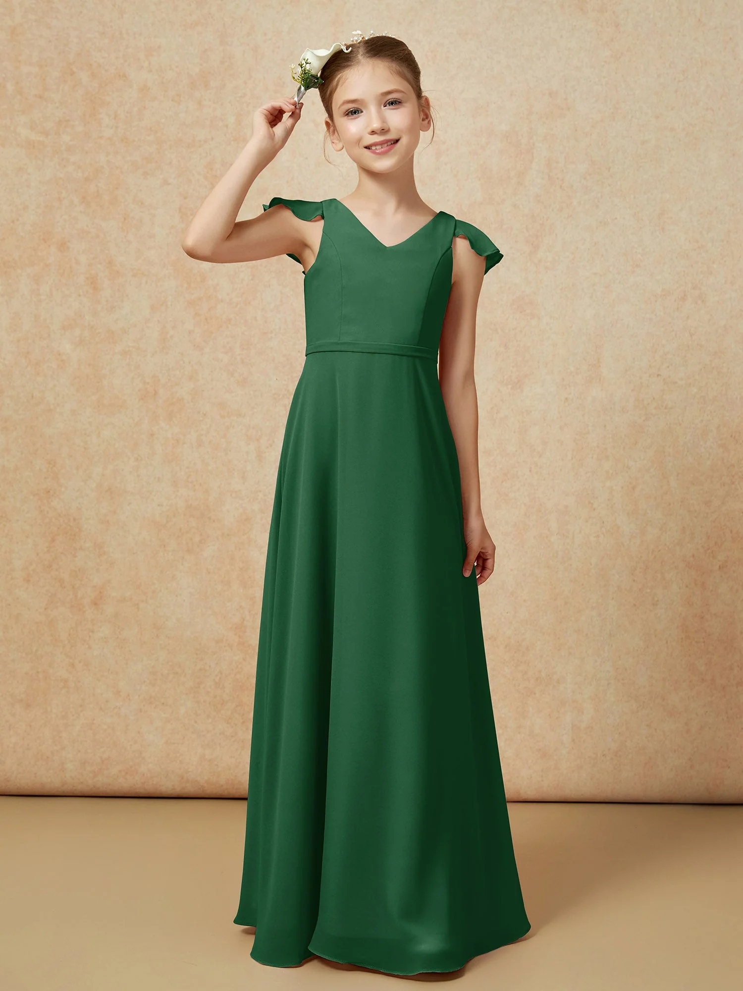 Flatterärmel Chiffon A-Linie Junge Brautjungfernkleider Dunkelgrün - Image 6