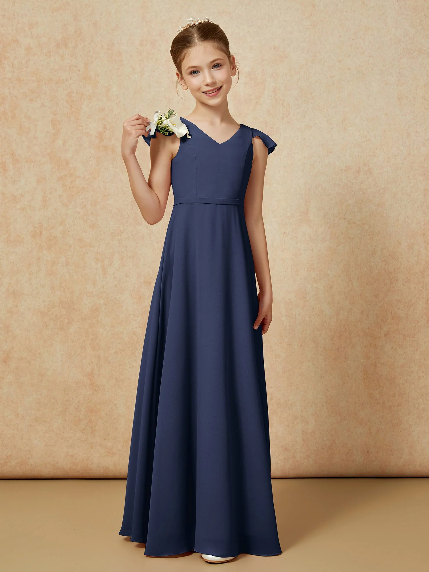 Flatterärmel Chiffon A-Linie Junge Brautjungfernkleider Dunkelmarine