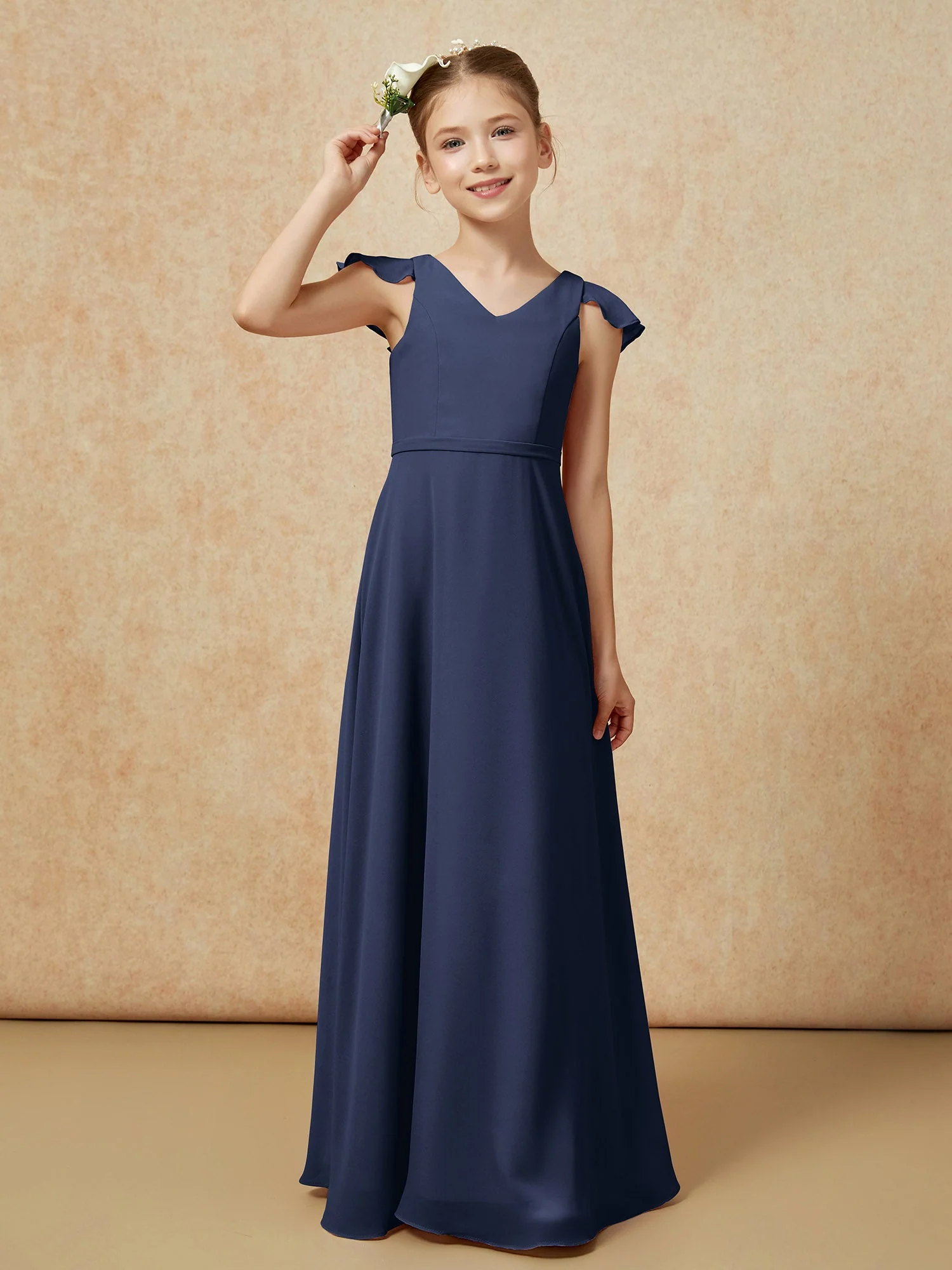 Flatterärmel Chiffon A-Linie Junge Brautjungfernkleider Dunkelmarine - Image 6