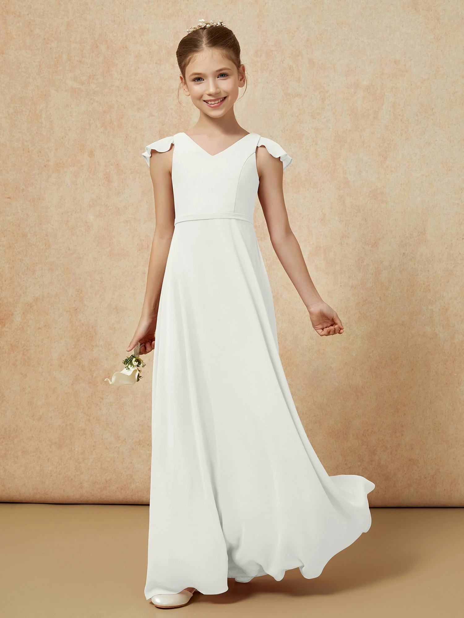 Flatterärmel Chiffon A-Linie Junge Brautjungfernkleider Elfenbein - Image 3