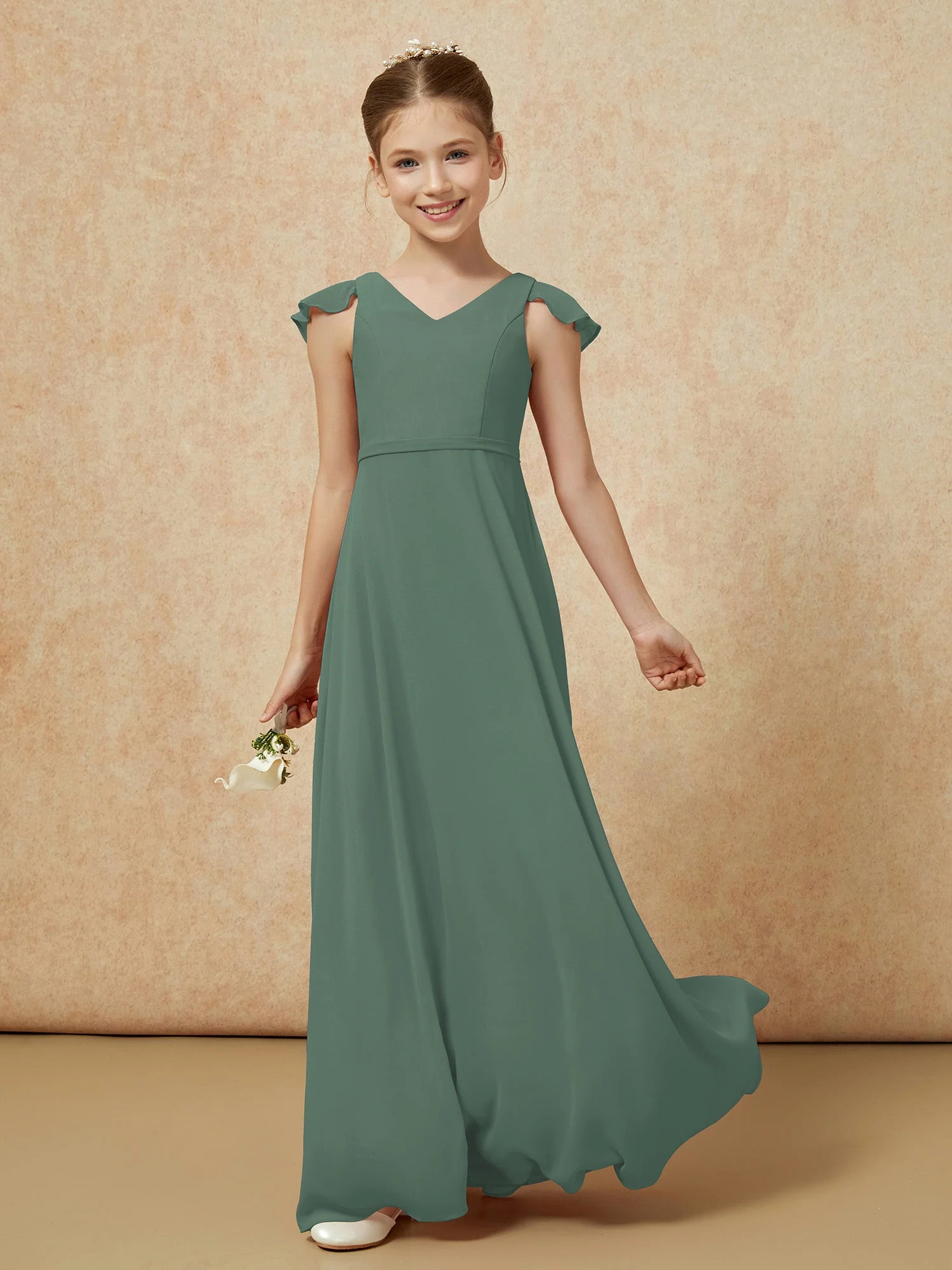 Flatterärmel Chiffon A-Linie Junge Brautjungfernkleider Eukalyptus - Image 3