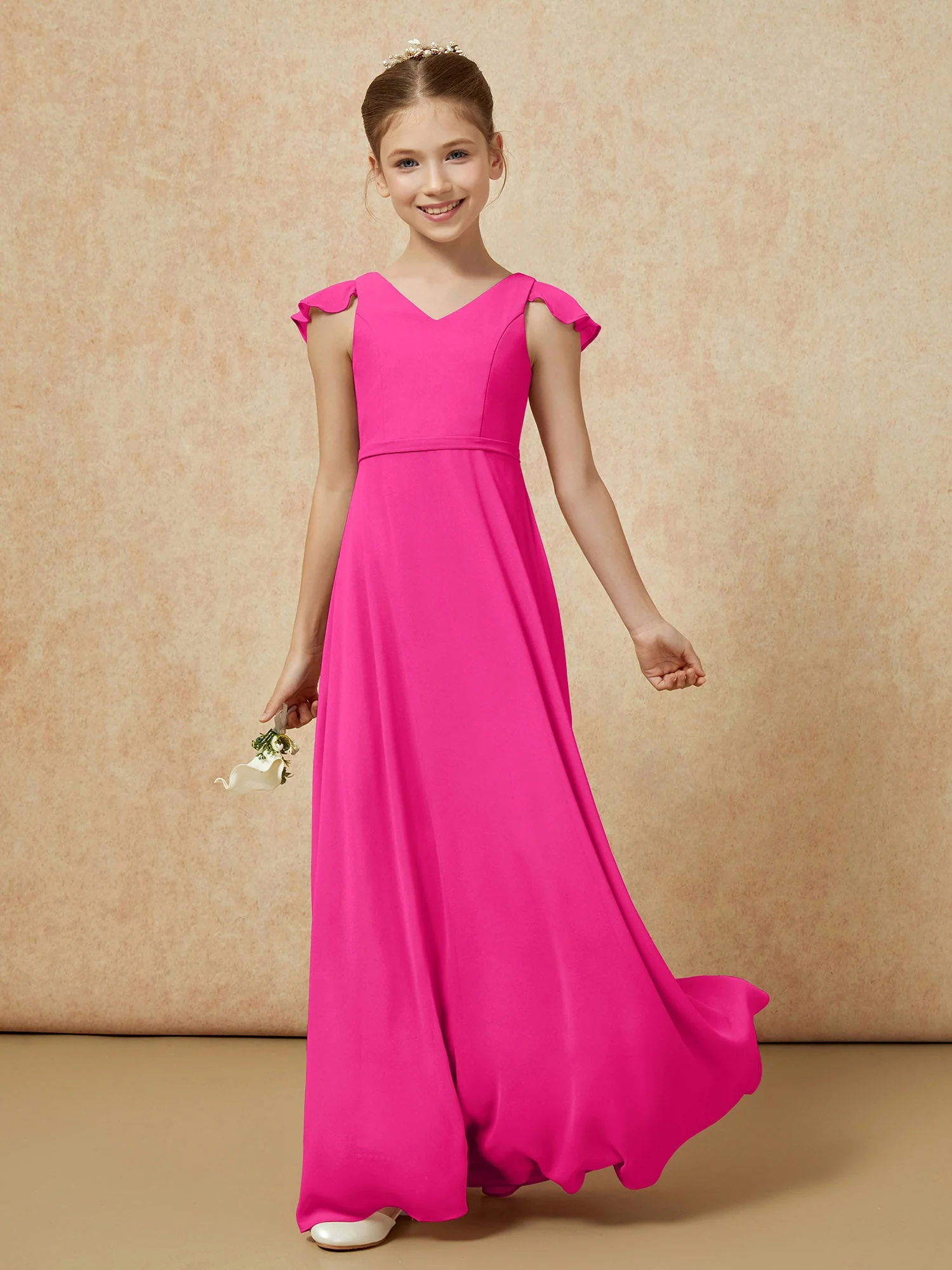 FlatterÀrmel Chiffon A-Linie Junge Brautjungfernkleider Fuchsia - Image 3