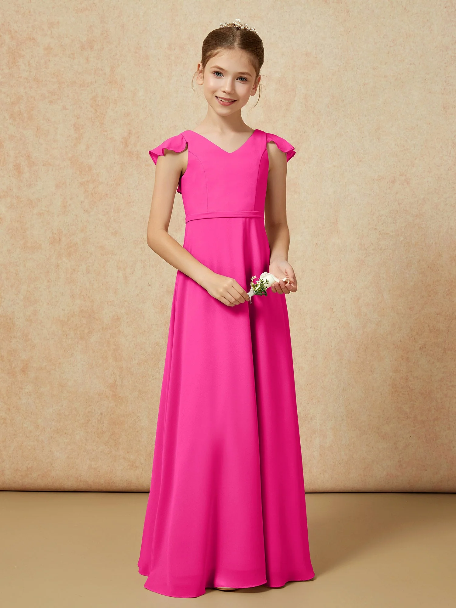 FlatterÀrmel Chiffon A-Linie Junge Brautjungfernkleider Fuchsia - Image 5