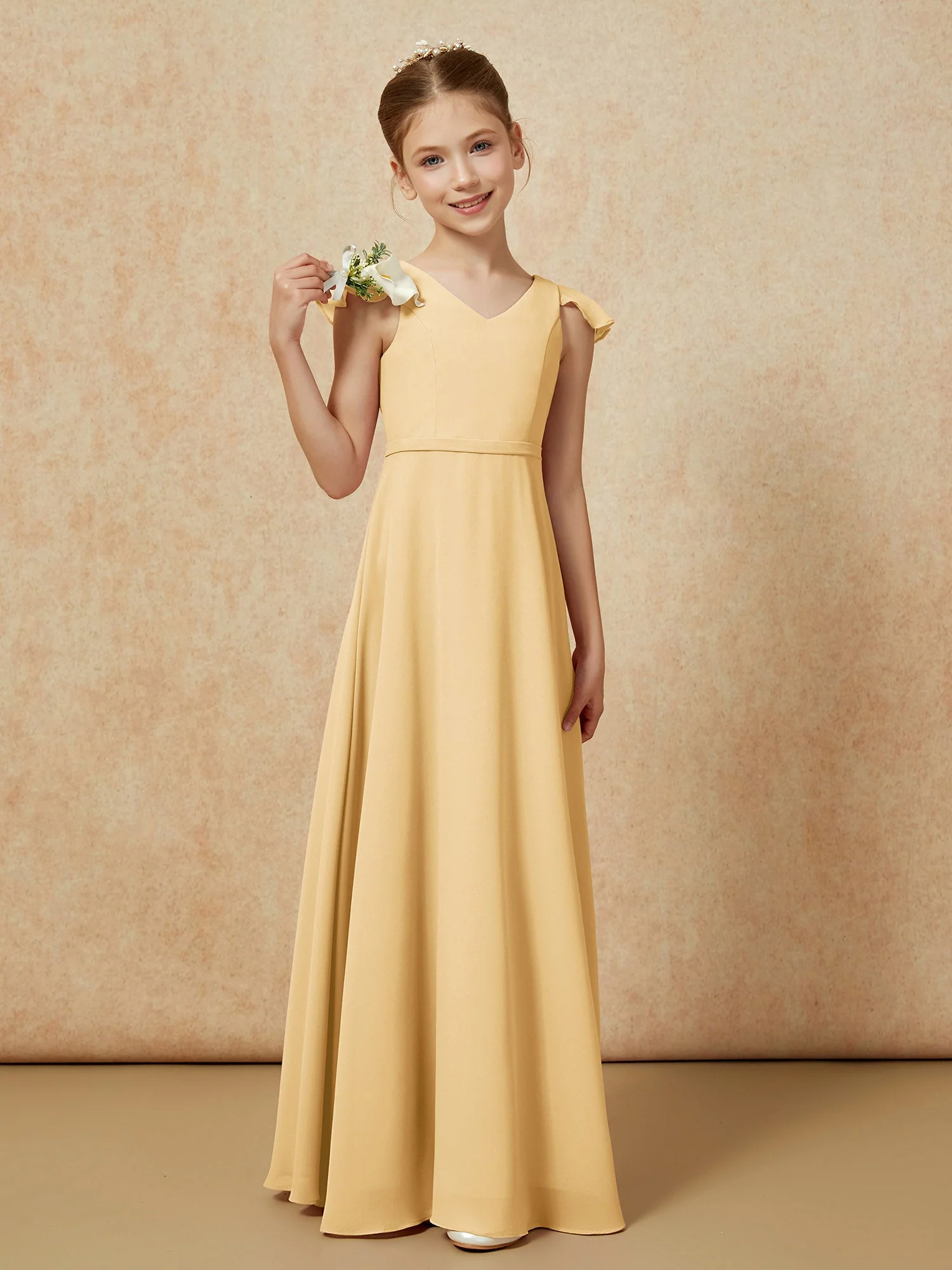 FlatterÀrmel Chiffon A-Linie Junge Brautjungfernkleider Gold
