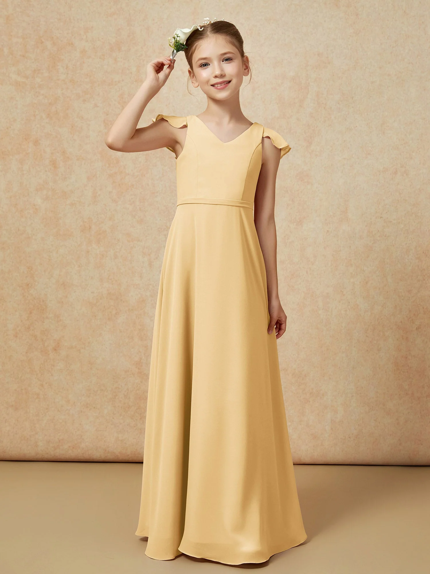 FlatterÀrmel Chiffon A-Linie Junge Brautjungfernkleider Gold - Image 6