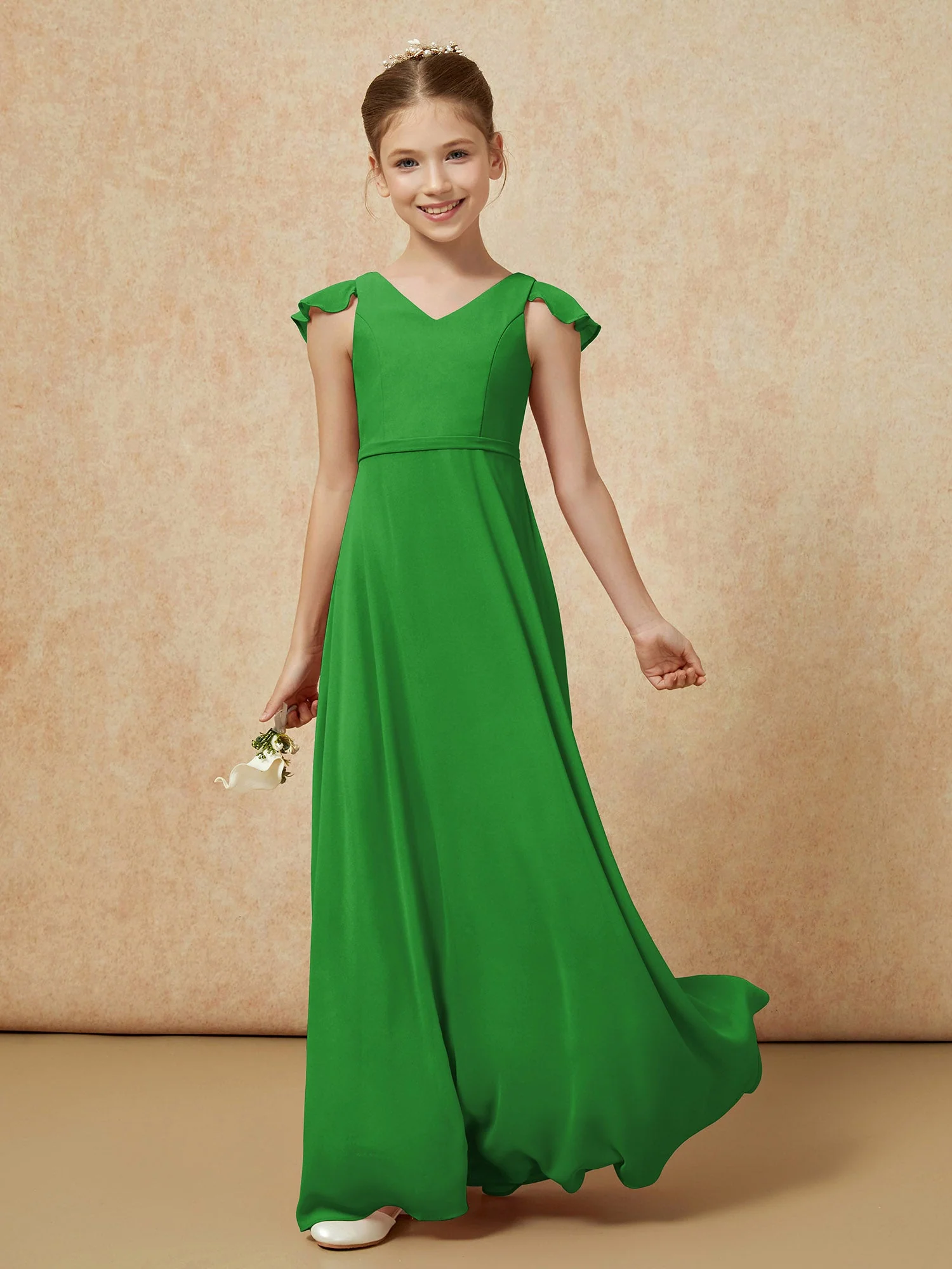 Flatterärmel Chiffon A-Linie Junge Brautjungfernkleider Grün - Image 3