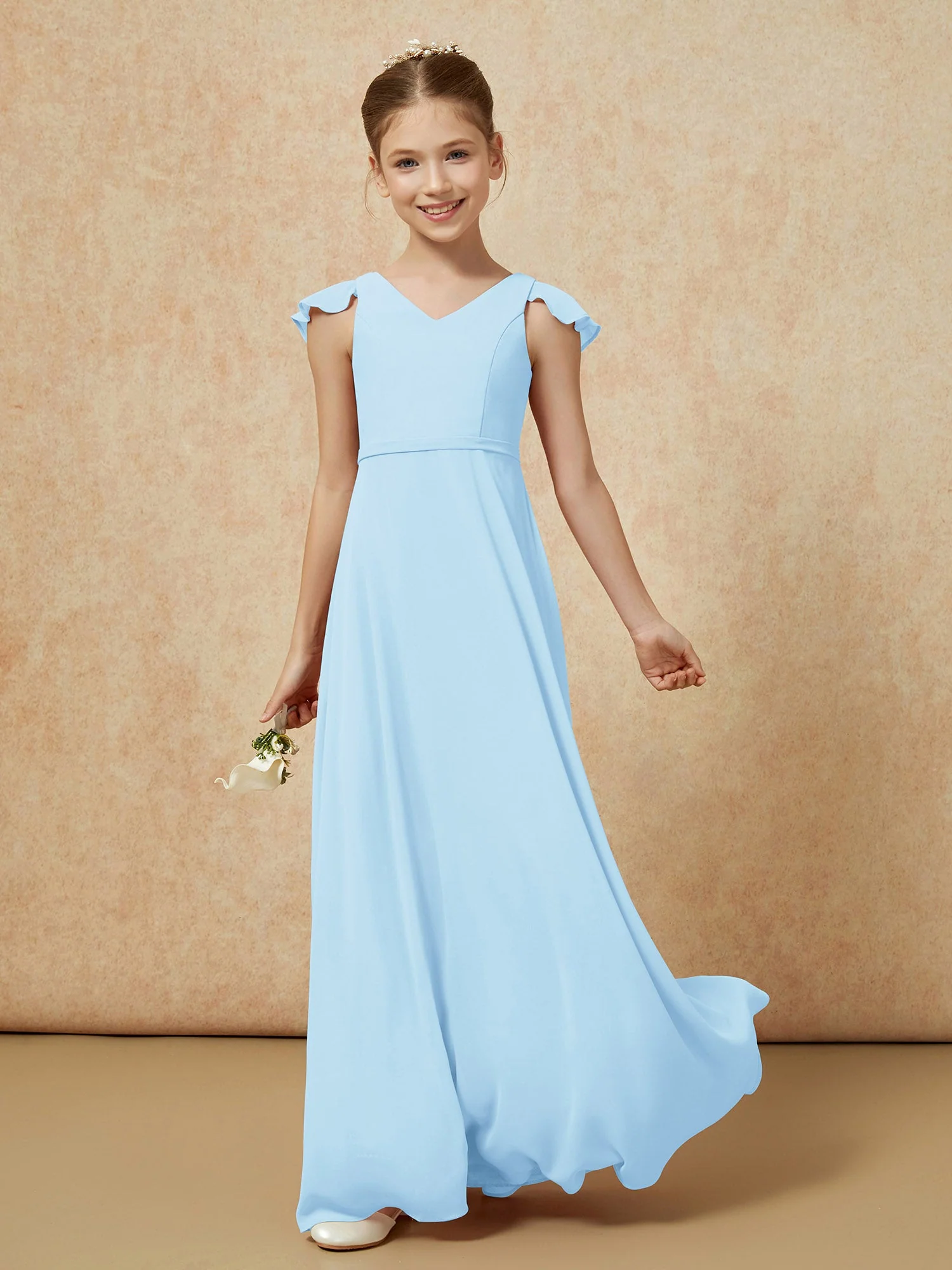 FlatterÀrmel Chiffon A-Linie Junge Brautjungfernkleider Himmelblau - Image 3