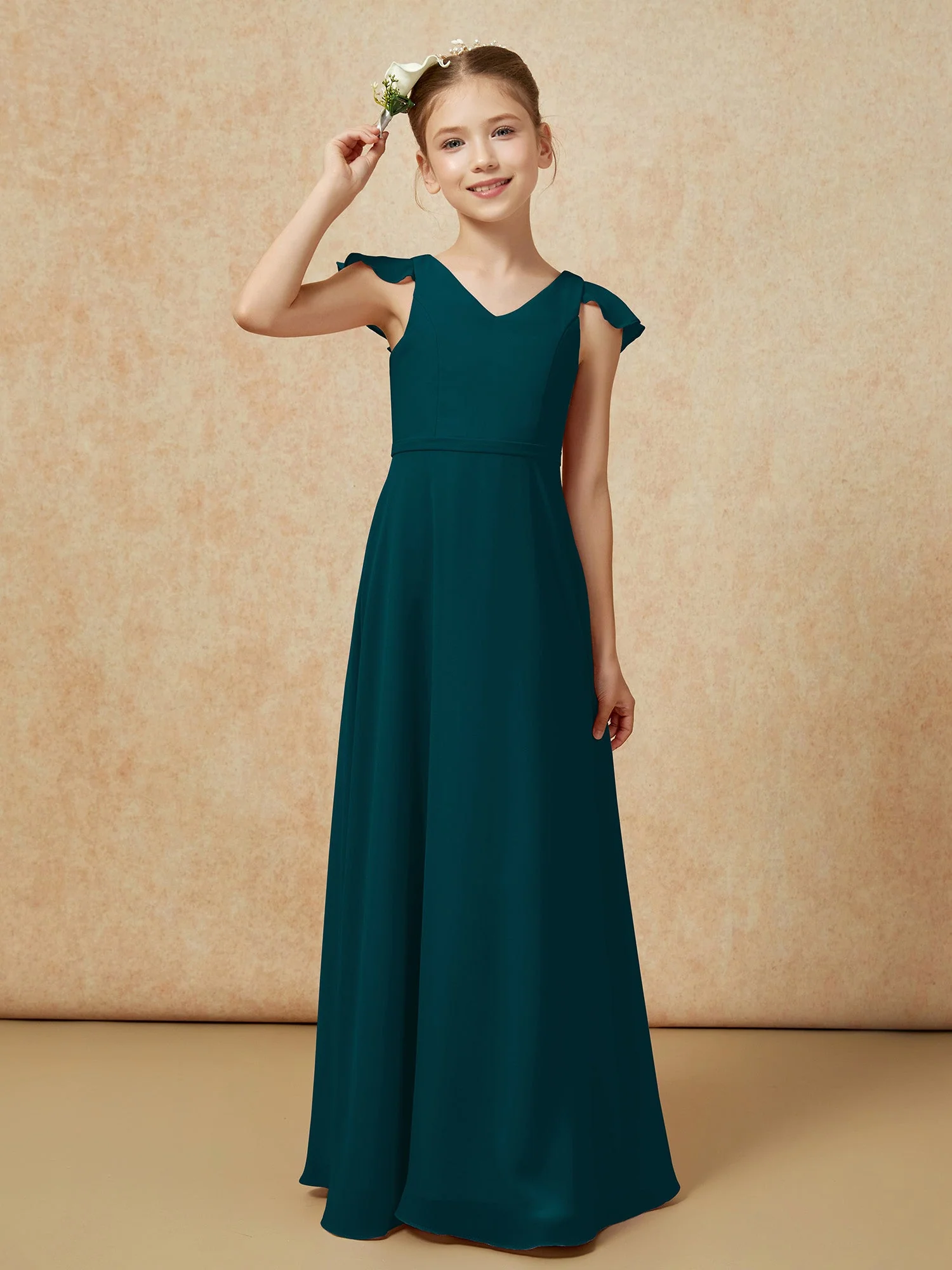 Flatterärmel Chiffon A-Linie Junge Brautjungfernkleider Kieferngrün - Image 6