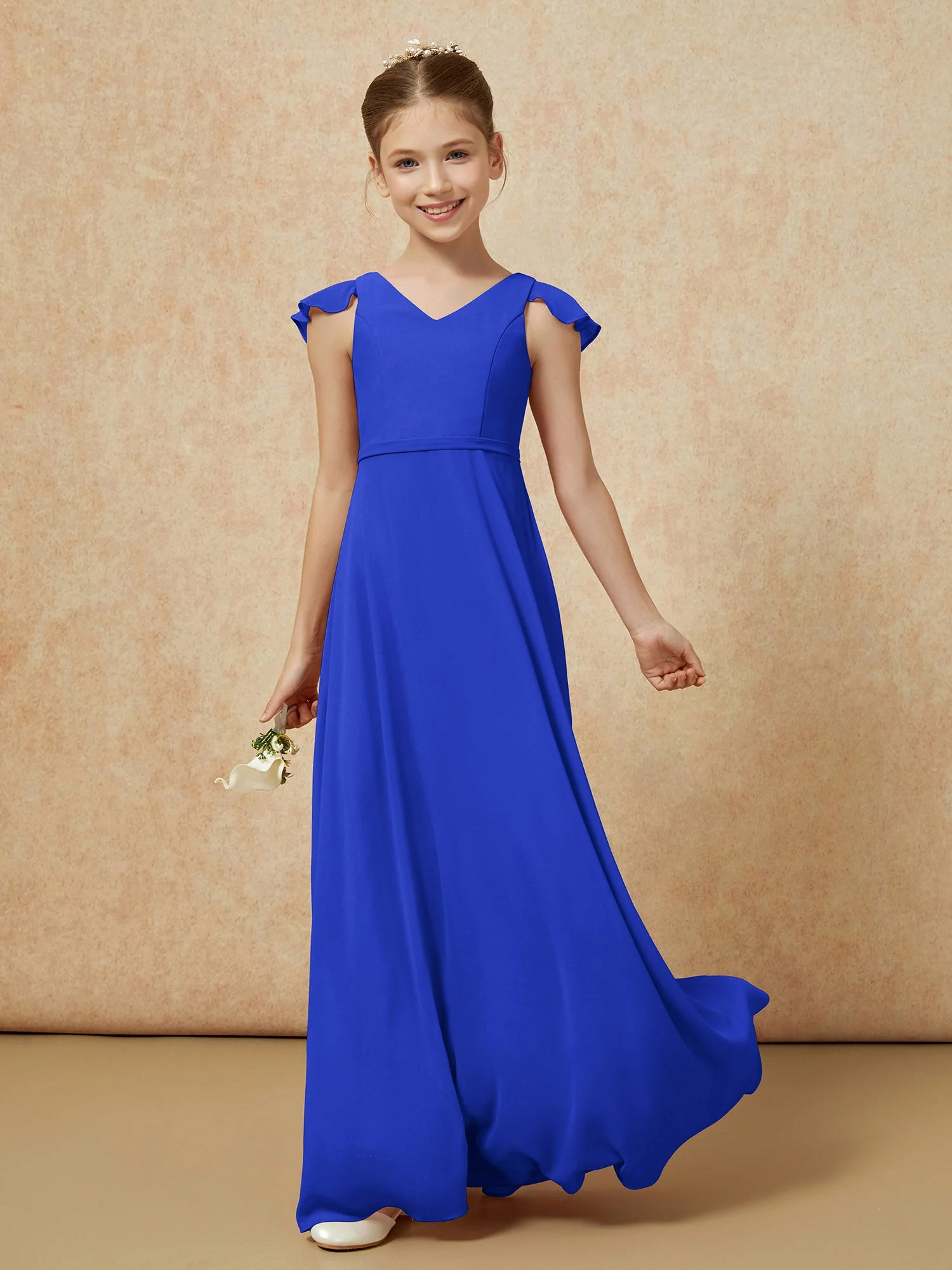 Flatterärmel Chiffon A-Linie Junge Brautjungfernkleider Königsblau - Image 3