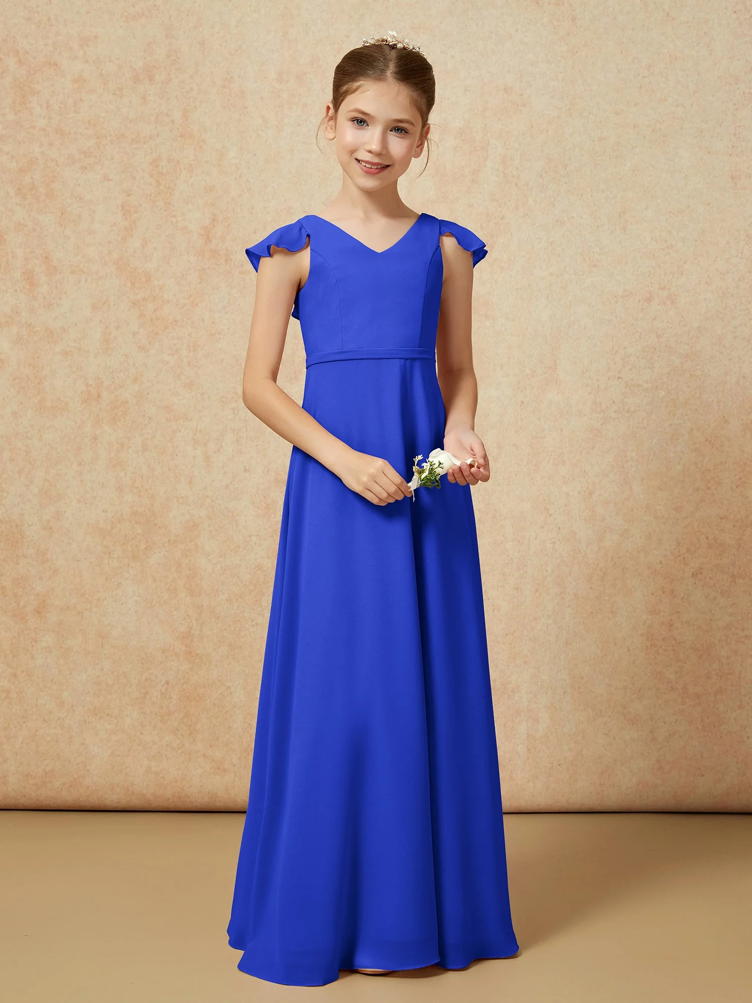 Flatterärmel Chiffon A-Linie Junge Brautjungfernkleider Königsblau - Image 5