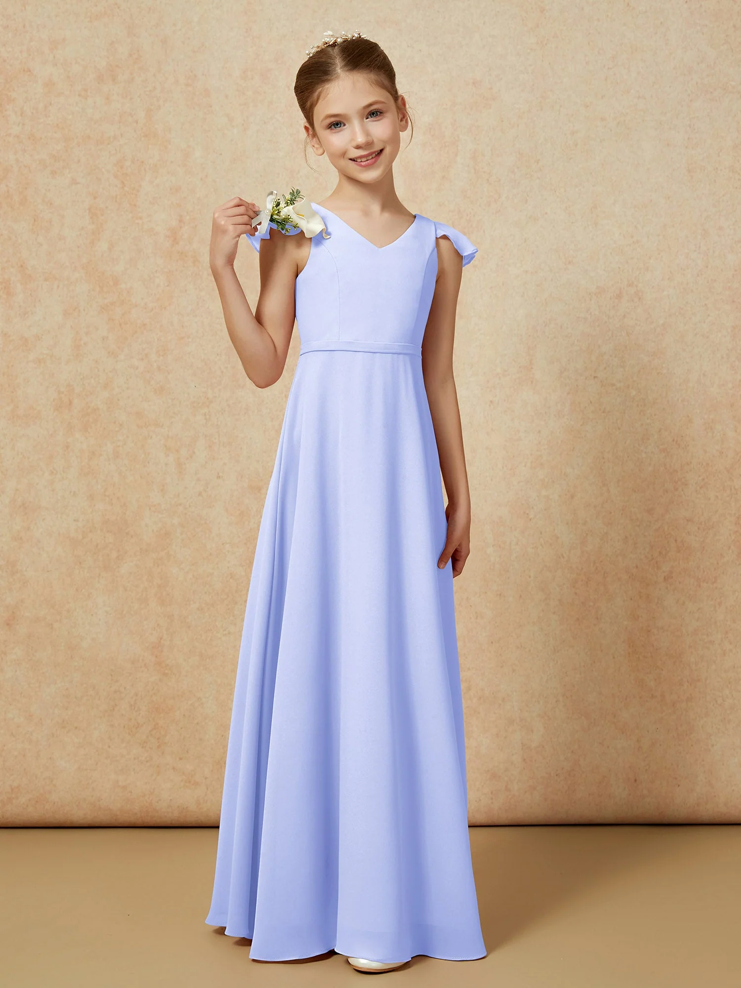 Flatterärmel Chiffon A-Linie Junge Brautjungfernkleider Lavendel