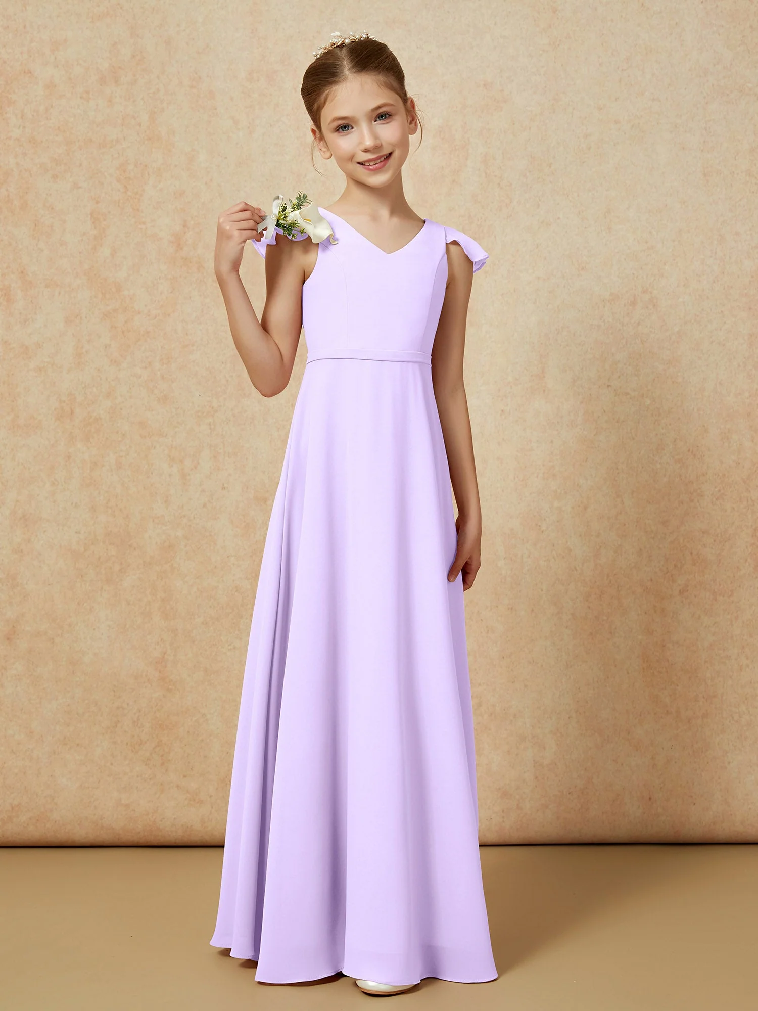 Flatterärmel Chiffon A-Linie Junge Brautjungfernkleider Lila
