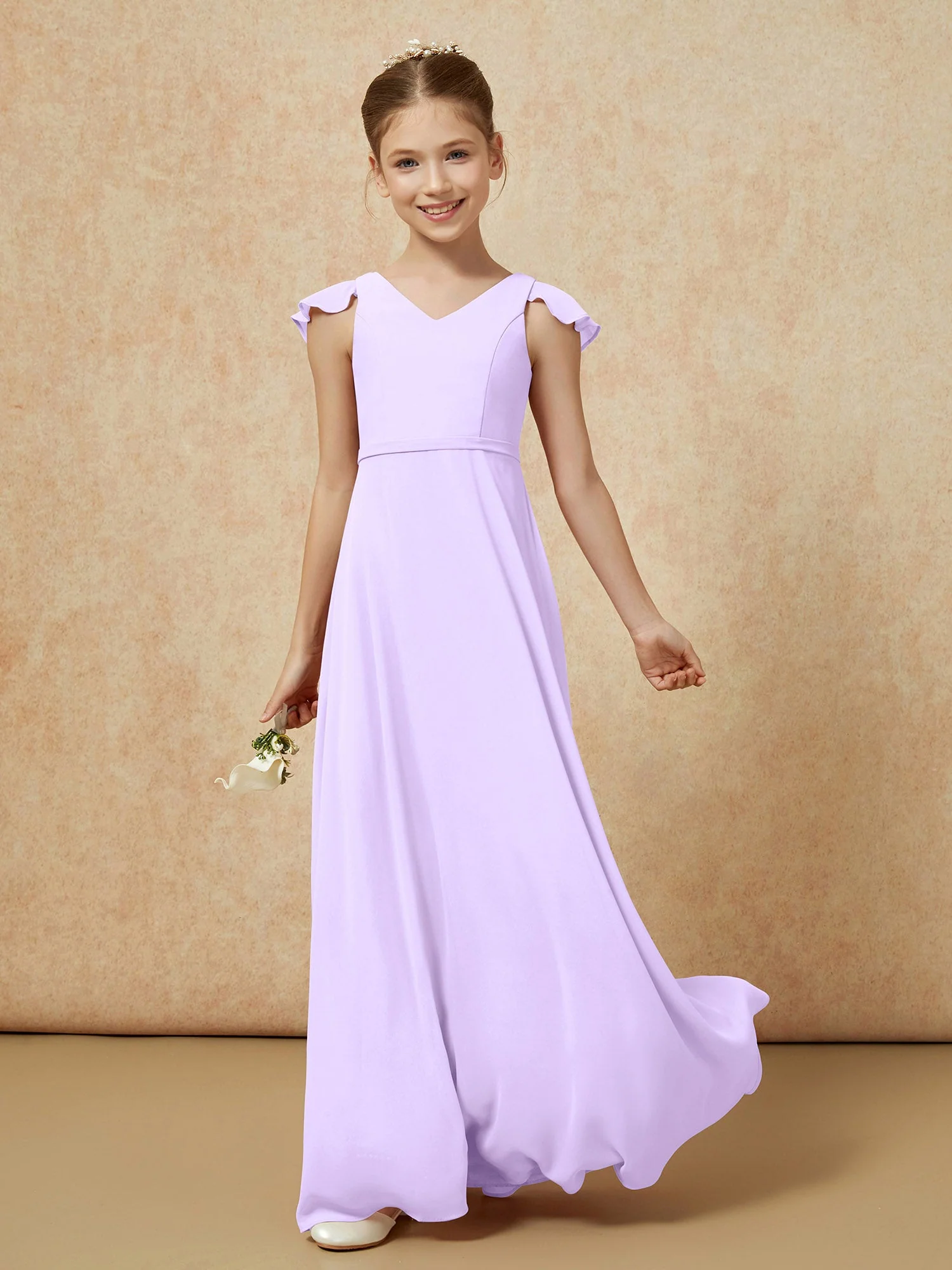 Flatterärmel Chiffon A-Linie Junge Brautjungfernkleider Lila - Image 3