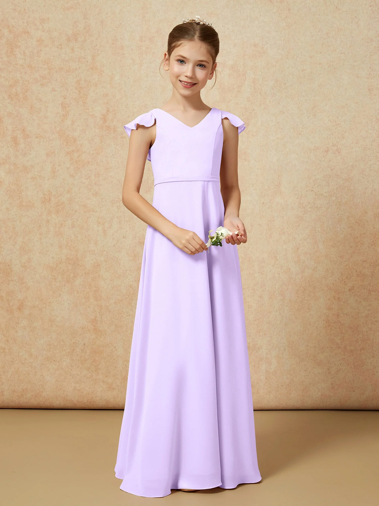 Flatterärmel Chiffon A-Linie Junge Brautjungfernkleider Lila - Image 5