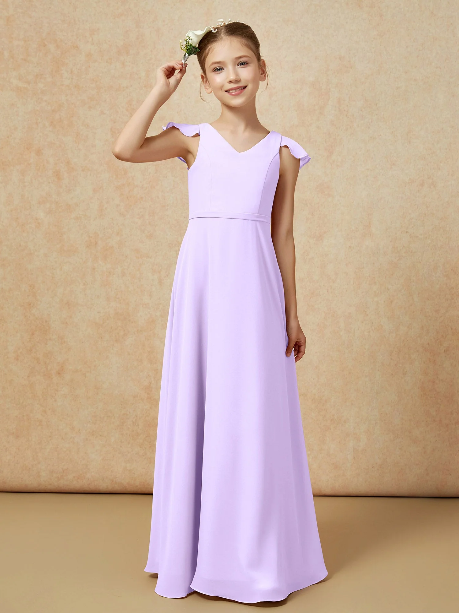 Flatterärmel Chiffon A-Linie Junge Brautjungfernkleider Lila - Image 6
