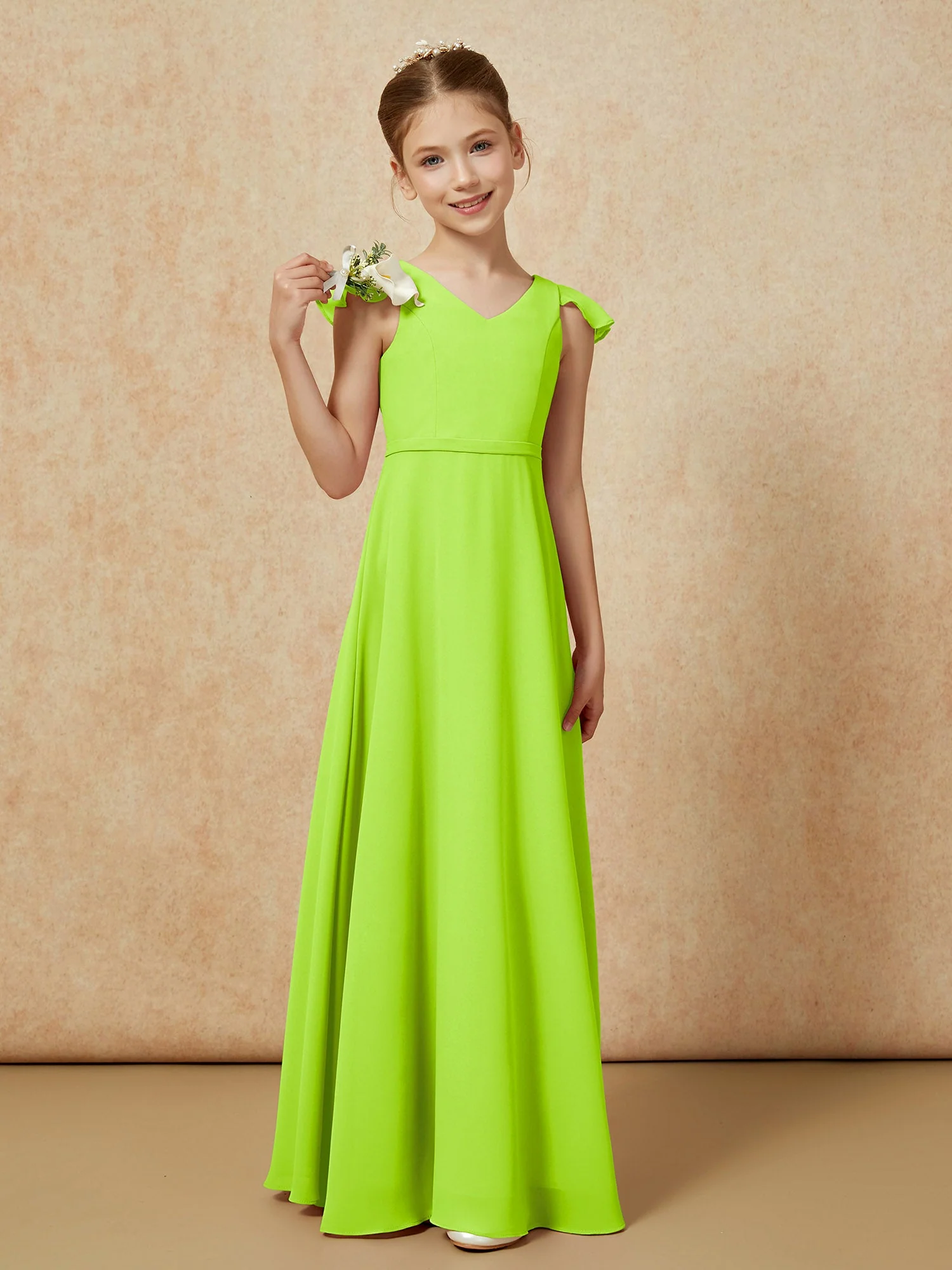 Flatterärmel Chiffon A-Linie Junge Brautjungfernkleider Lindgrün