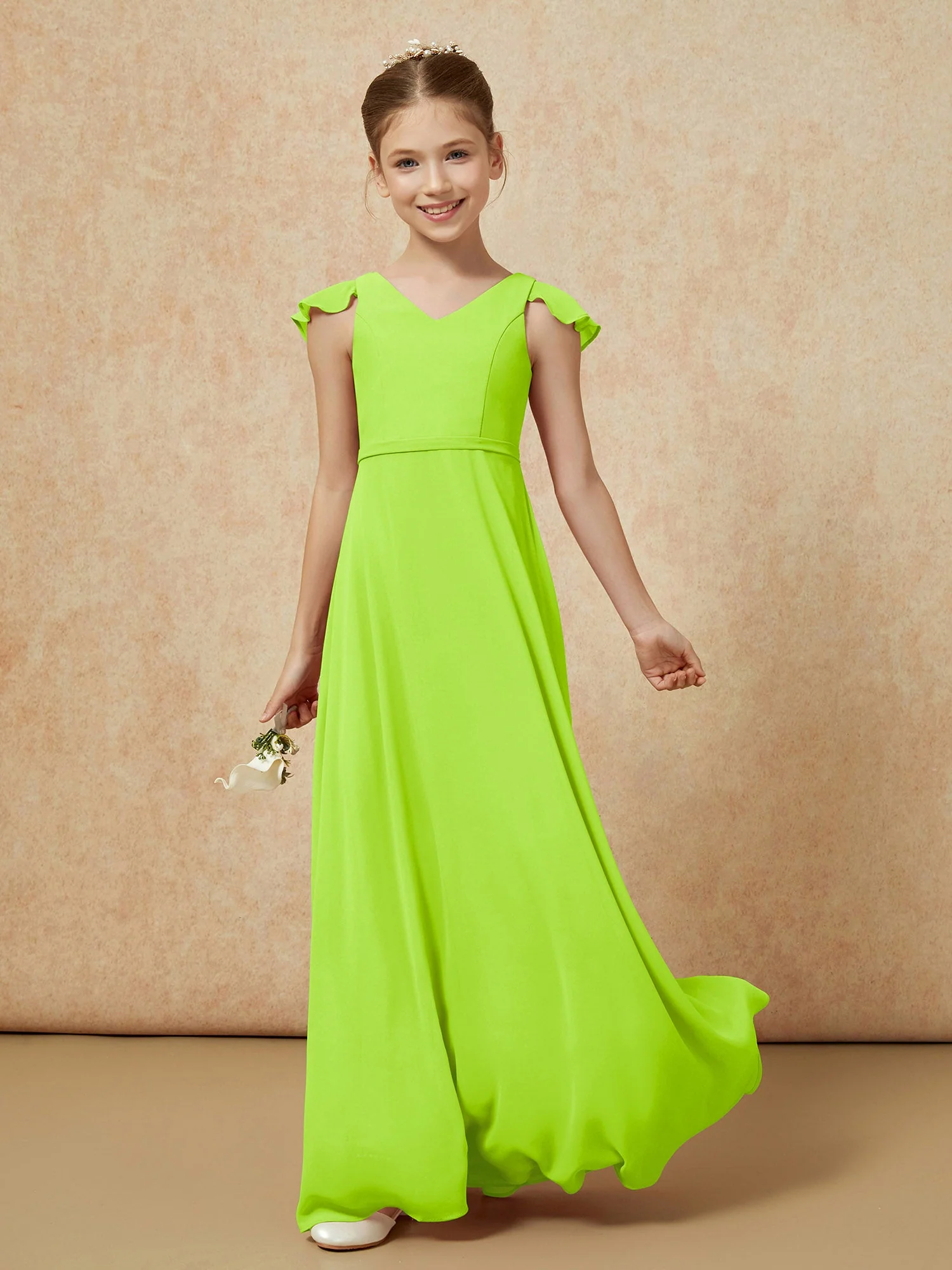 Flatterärmel Chiffon A-Linie Junge Brautjungfernkleider Lindgrün - Image 3