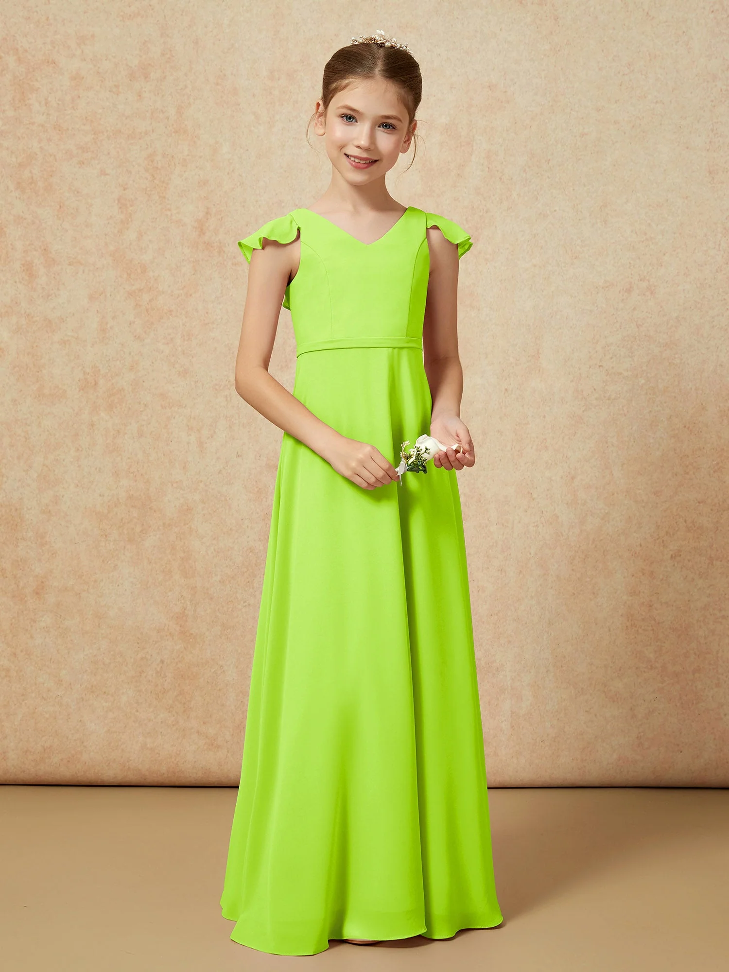 Flatterärmel Chiffon A-Linie Junge Brautjungfernkleider Lindgrün - Image 5
