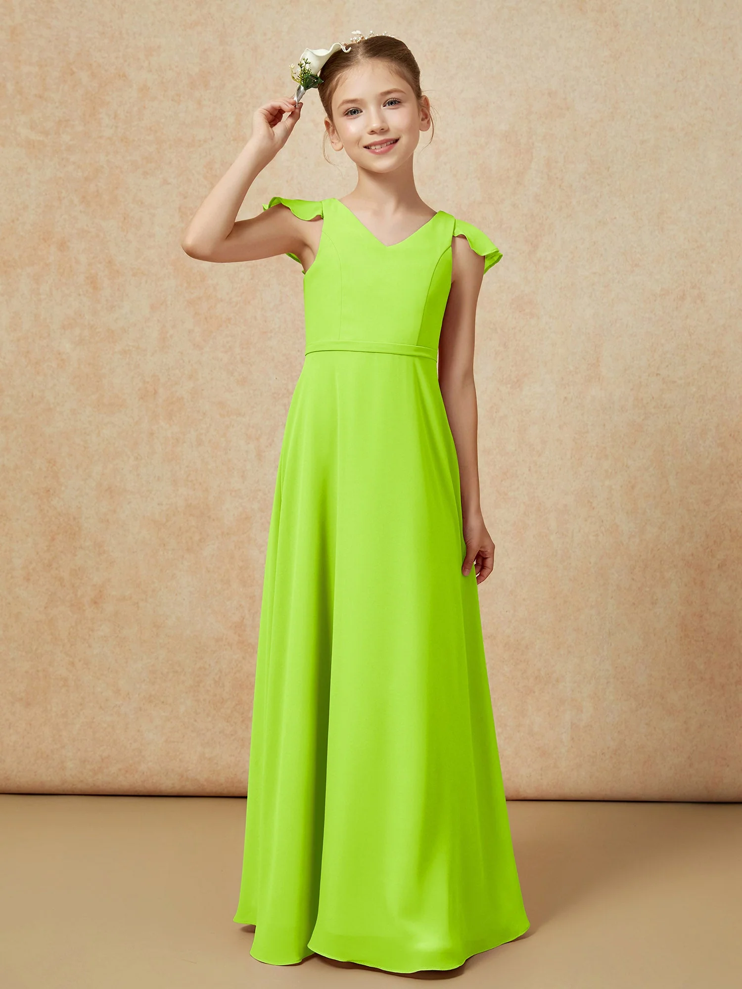 Flatterärmel Chiffon A-Linie Junge Brautjungfernkleider Lindgrün - Image 6