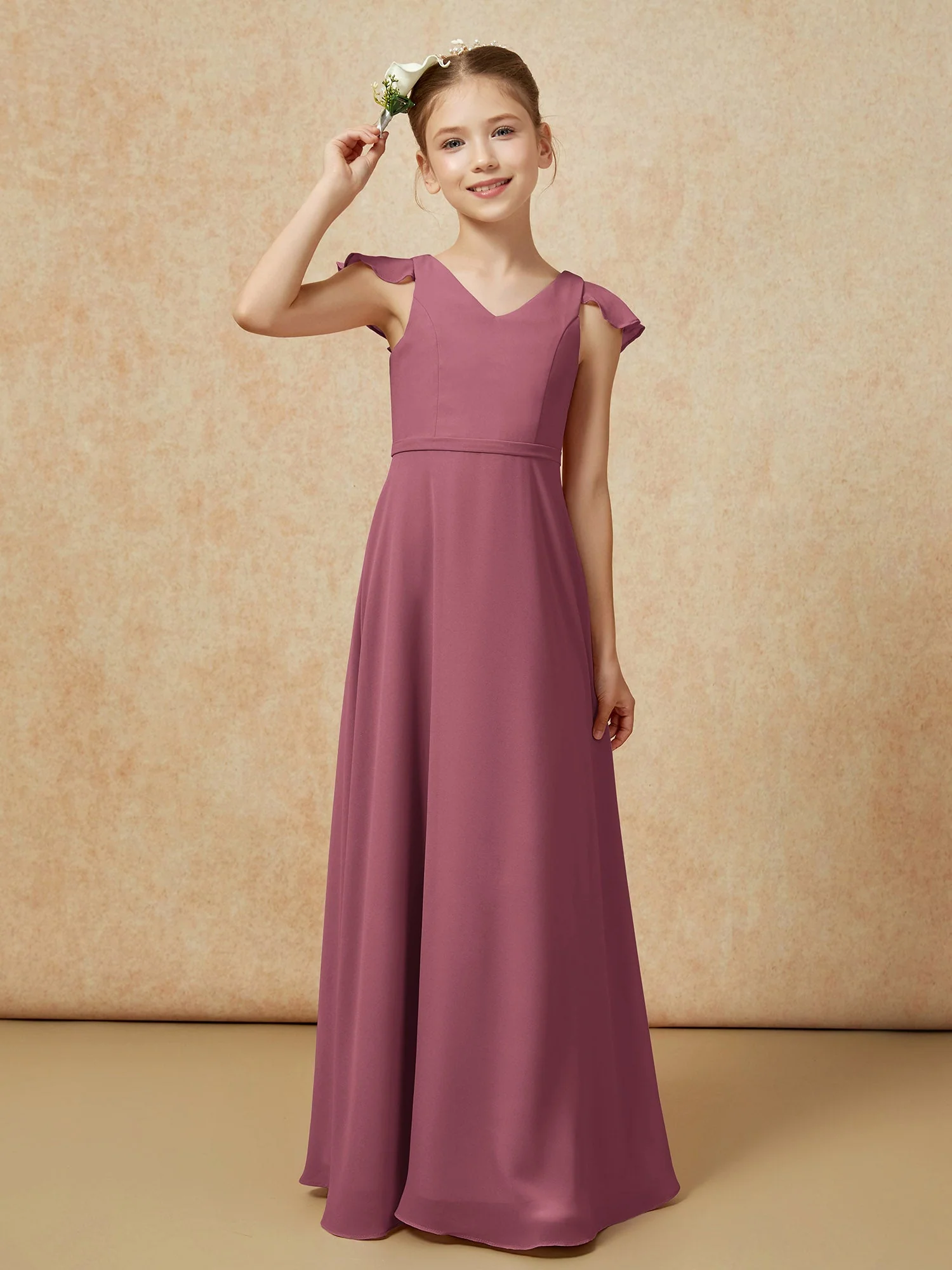 FlatterÀrmel Chiffon A-Linie Junge Brautjungfernkleider Maulbeere - Image 6