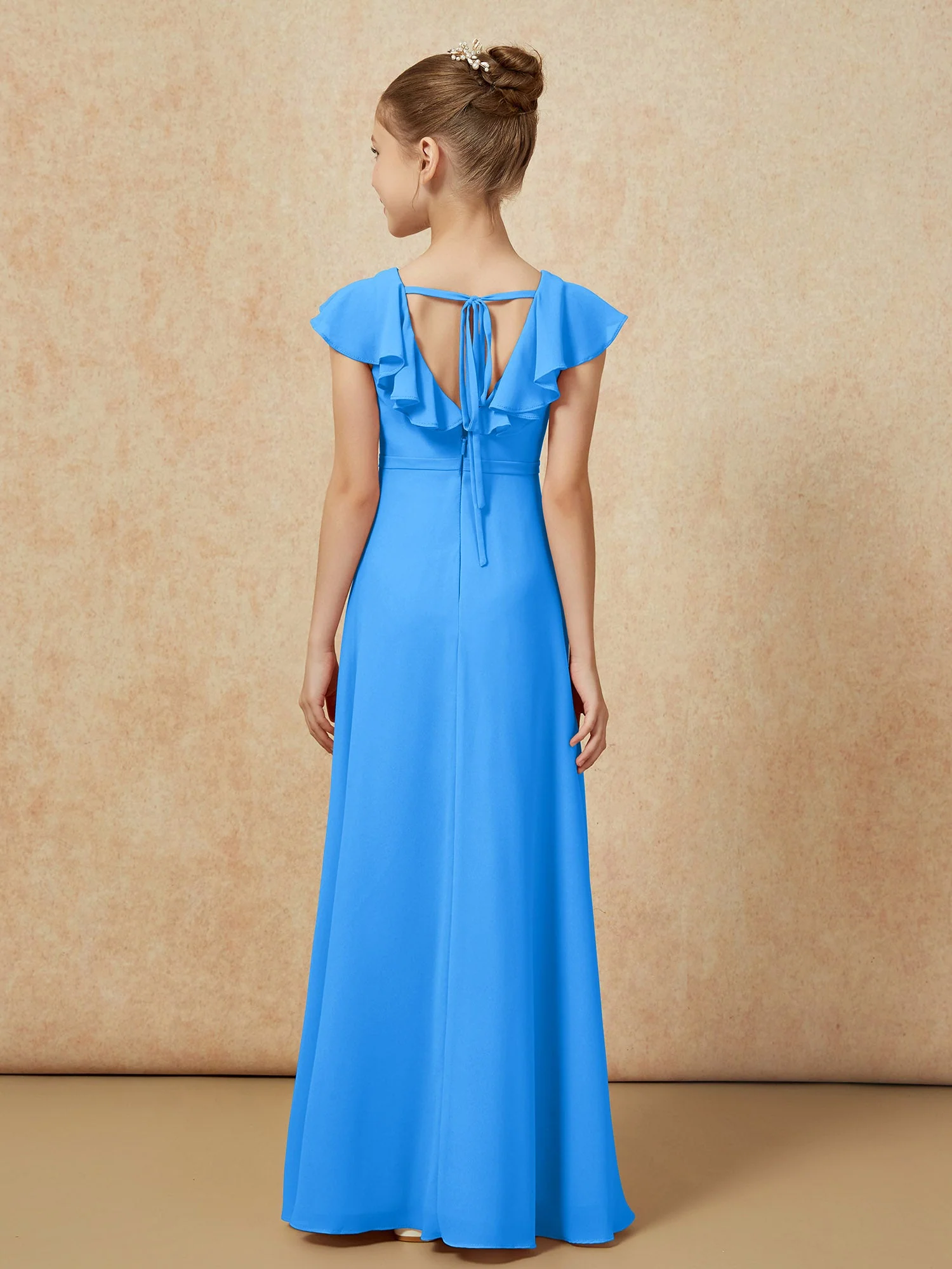 FlatterÀrmel Chiffon A-Linie Junge Brautjungfernkleider Meerblau - Image 2