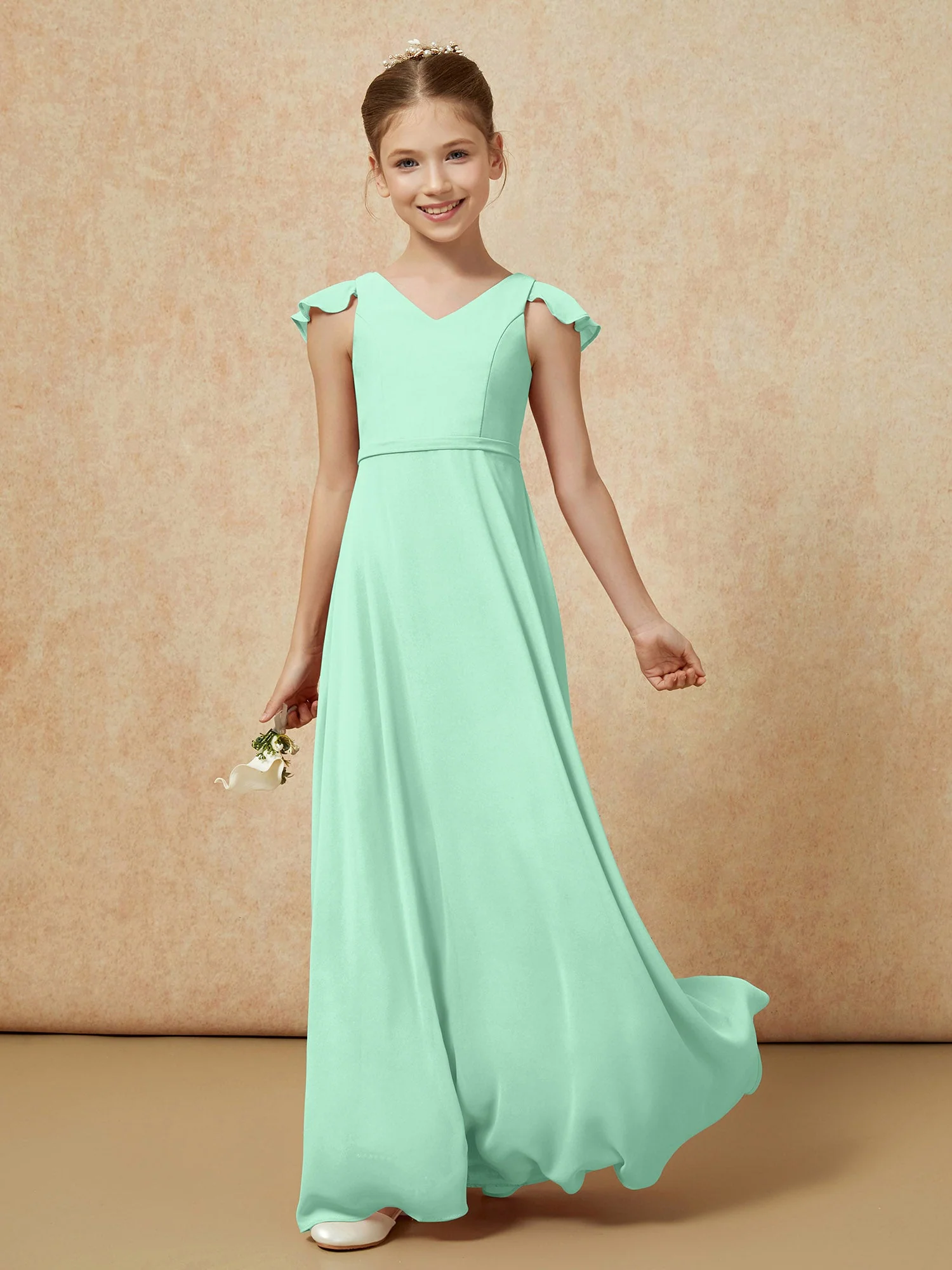 Flatterärmel Chiffon A-Linie Junge Brautjungfernkleider Minzgrün - Image 3