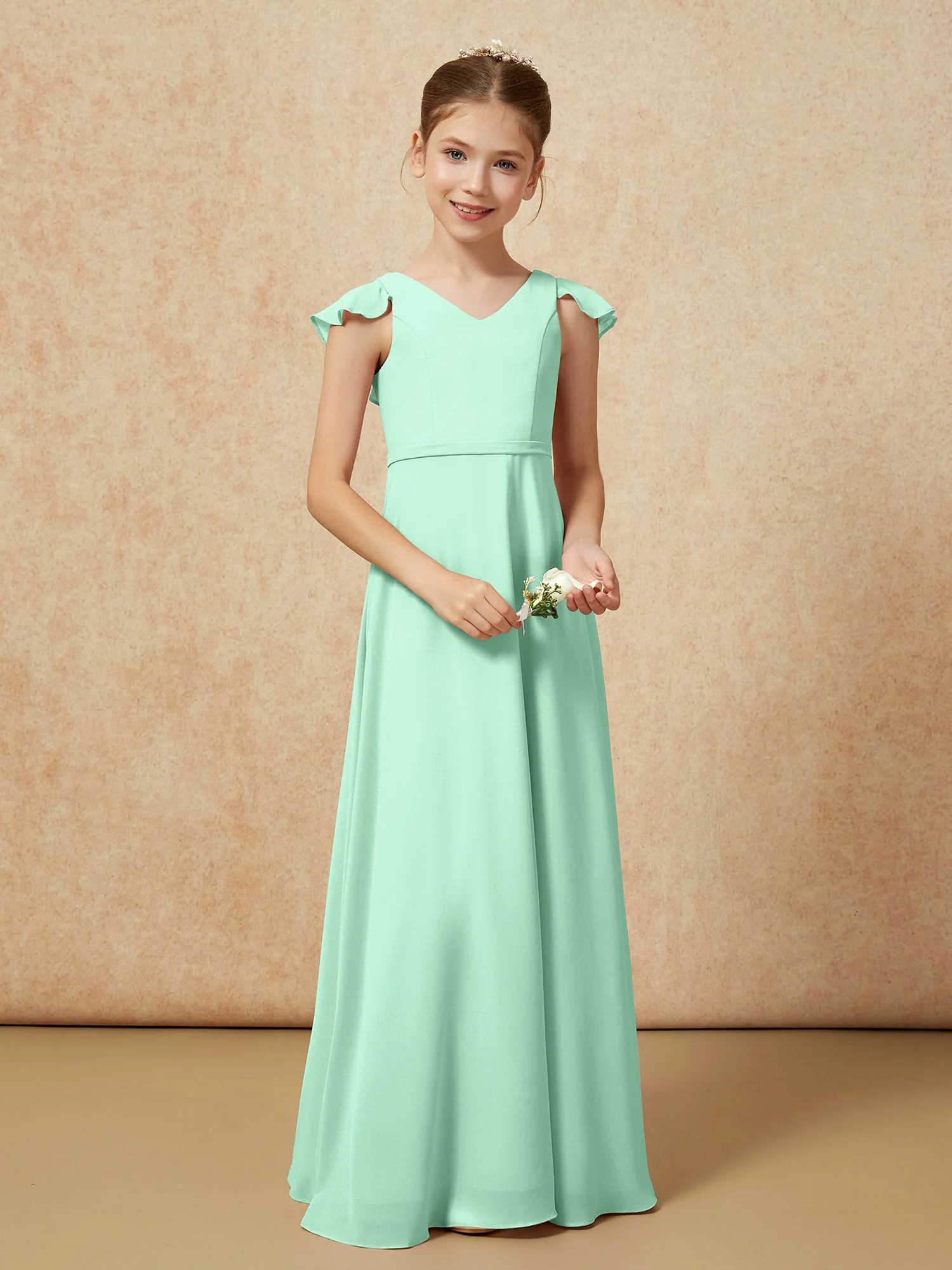 Flatterärmel Chiffon A-Linie Junge Brautjungfernkleider Minzgrün - Image 5